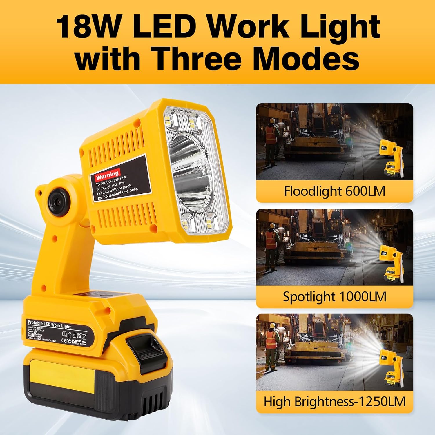 LED Work Light Flashlight Compatible with DeWalt 20V Battery, 18W 2000LM Portable Spotlight Light with 5V 2.1A USB Port for for Camping,Car Repairing,Emergency and Job Site（Batteries Not Included）