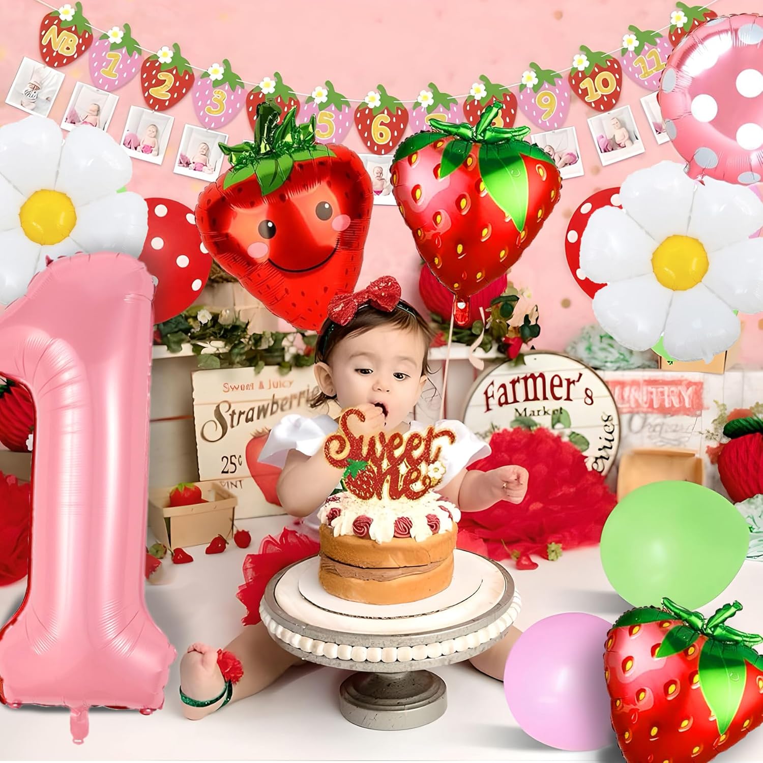NANAGALI 7Pcs Berry First Party Decorations, 40" Pink One Balloon for First Birthday Decorations Sweet One Strawberry 1st Berry First Birthday Decor Foil Helium Balloons for Girls