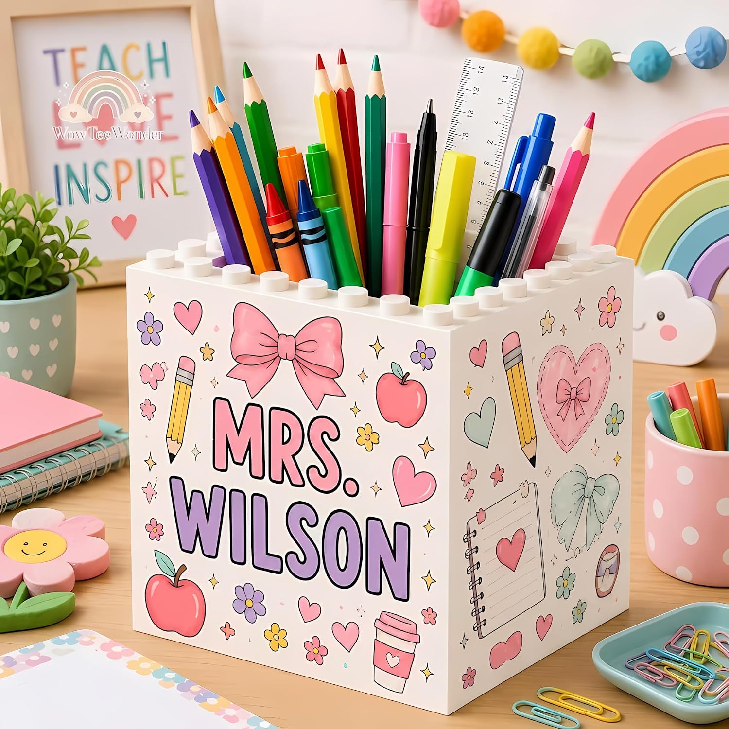 Personalized Teacher Pen Holder, Custom Building Block Desk Organizer, Personalized Pencil Holder, Teacher Appreciation Gift