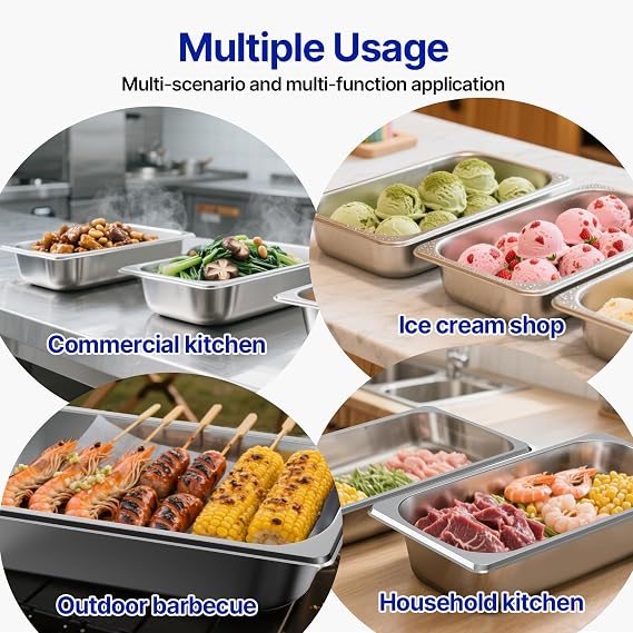 1/6 Hotel Pans 2 1/2 inch Deep Stainless Steel Steam Table Food Pan Commercial Metal Food Catering Tray Anti Jam for Hotel Restaurant Buffet Party Supplies(Set of 6)
