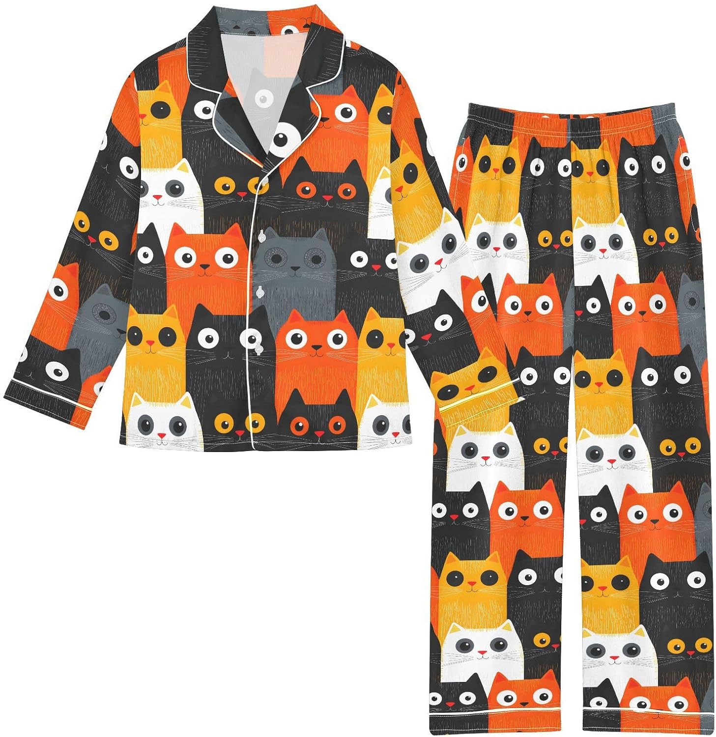 senya Colorful Cute Cat 4 Satin Pajama Sets Long Sleeves Nightwear Button Down Sleepwear