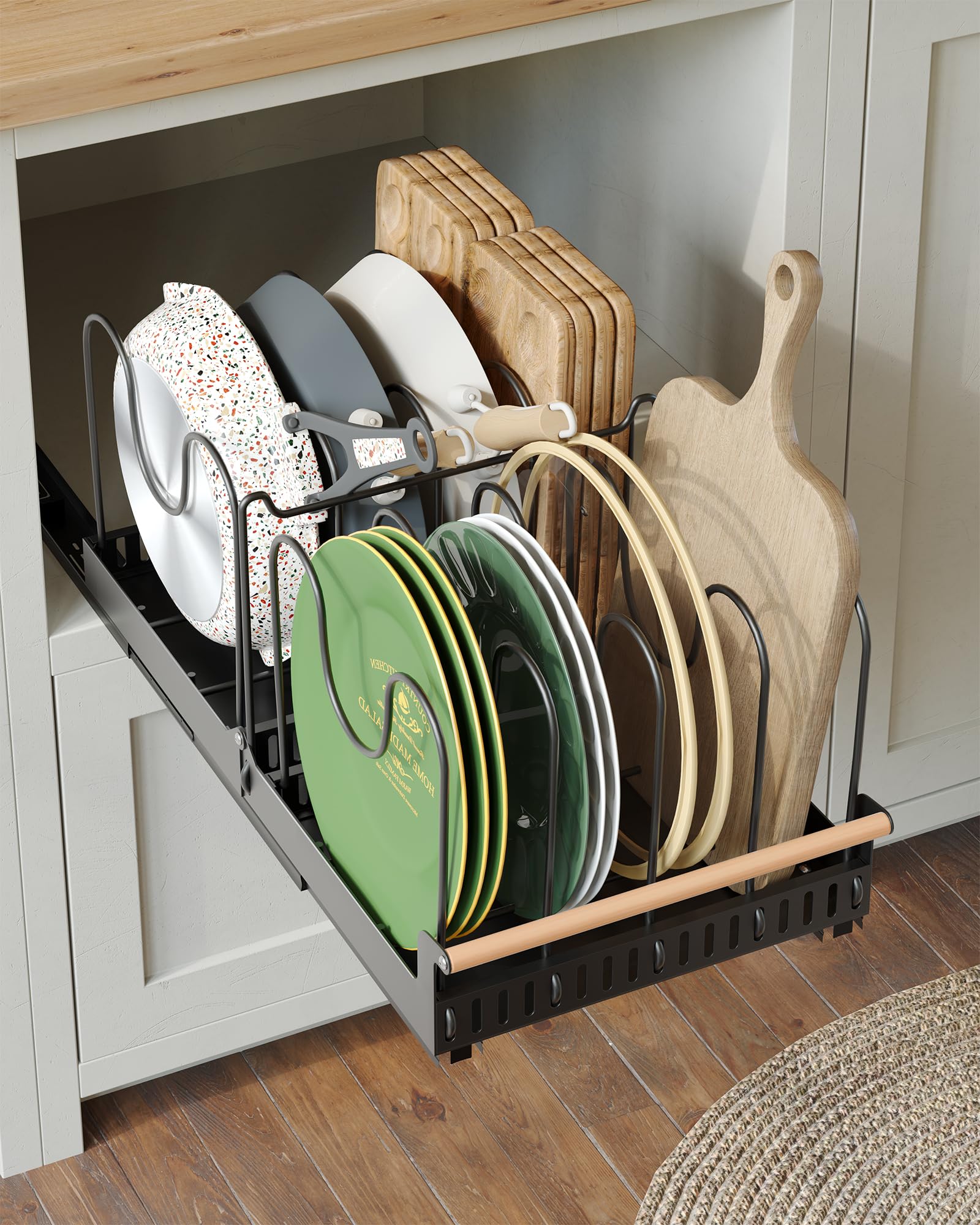 NETEL Topfdeckelhalter Schublade,Ausziehbarer Pfannen Organizer，Deckelhalter für Schrank,Topf Organizer mit 10 Teiler,schneidebrett halter,tupperware organizer,Schwarz Küche, Haushalt & Wohnen