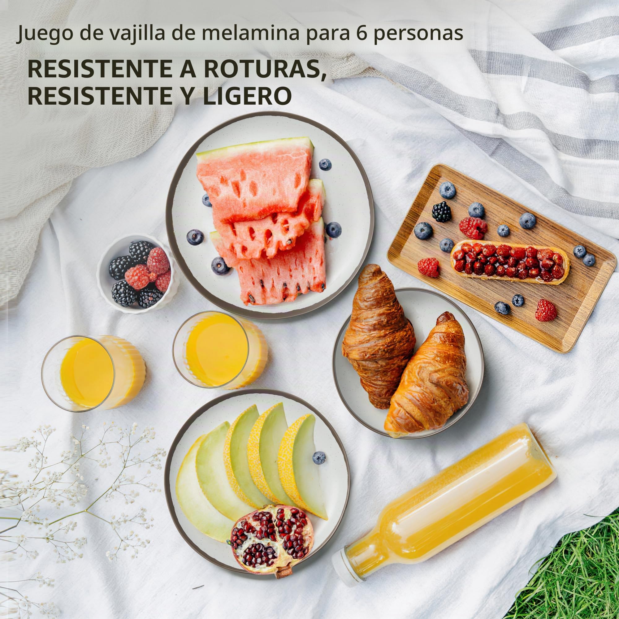 Juego de vajilla de melamina de 18 piezas para 6, juego de vajilla duradero para caravana | Apto para lavavajillas, no apto para microondas, ligero, duradero y resistente a roturas, embalaje en caja, sin BPA