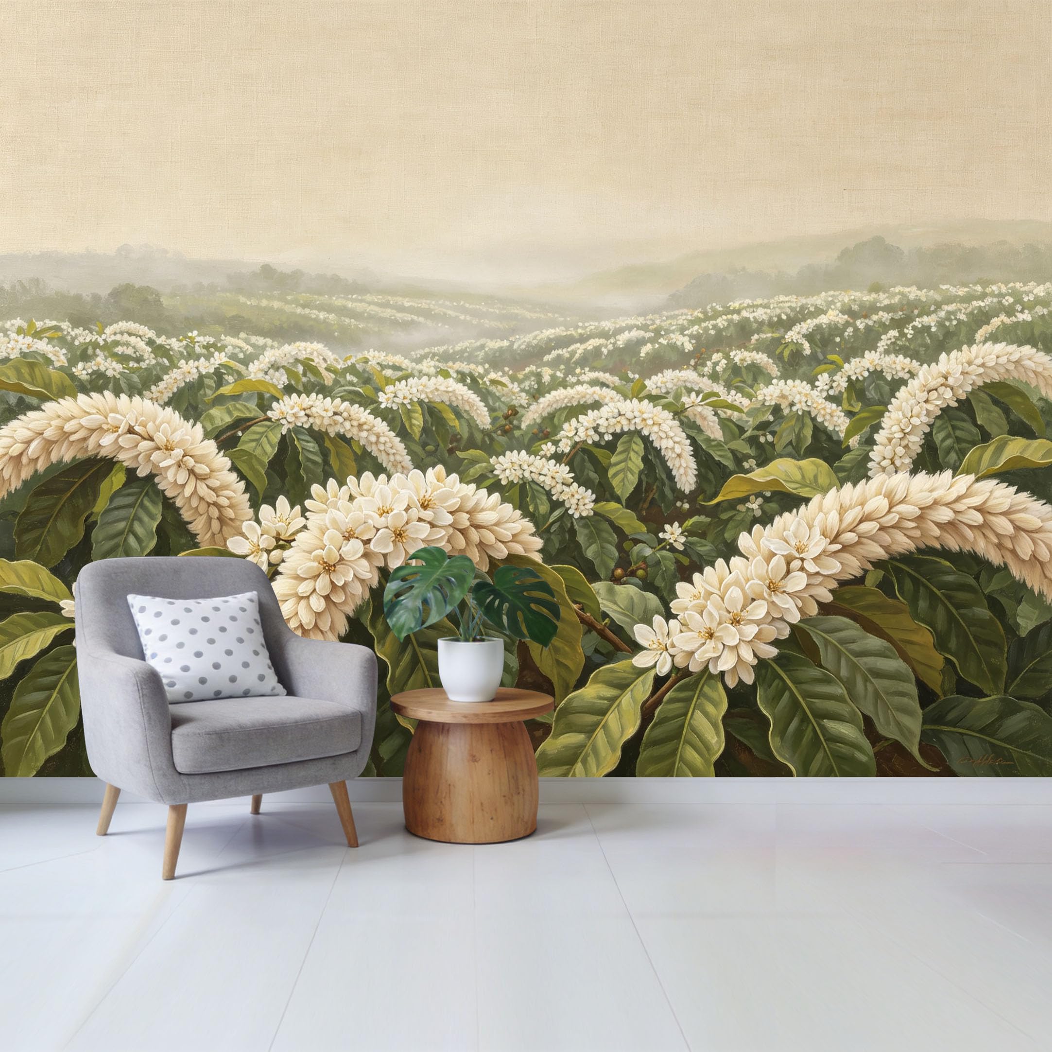 Qzlithotic Yq2605251043 Custom Size Wall Mural Coffee Plantation Blossom Floral Landscape Oil Painting Style Selfadhesive Wall Fabric Removable Wallpaper For Home Office Decor