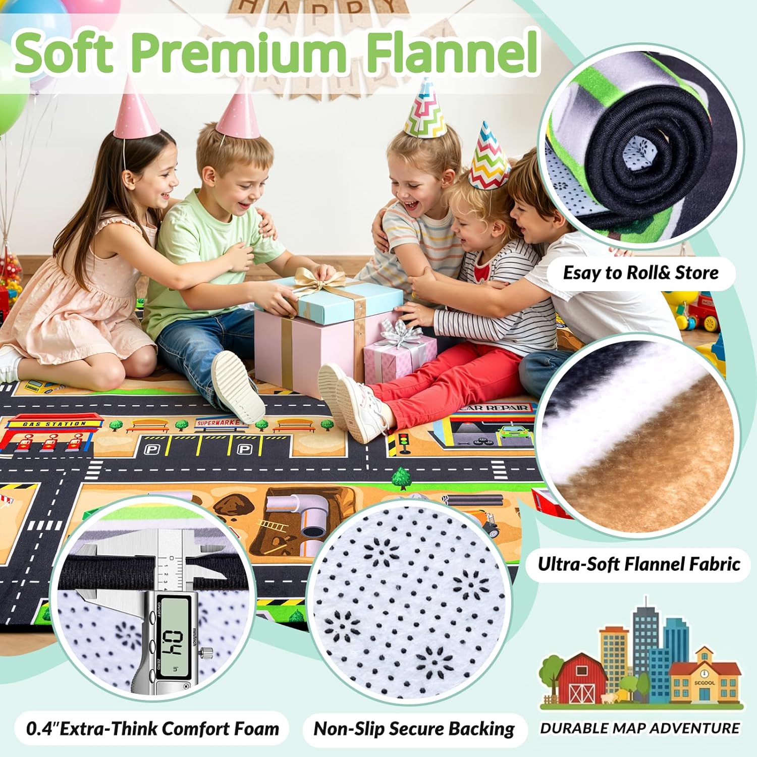Kids Construction Rug, 6x9 Ft – Extra Thick 0.4in Soft Flannel Construction Site Play Rug with Non-Slip Rubber Backing, Stain-Resistant & Machine Washable for Bedroom & Playroom