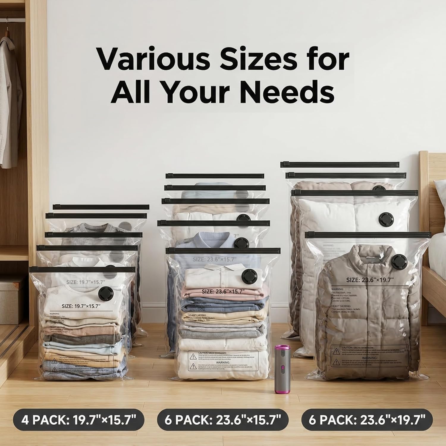 Vacuum Bags for Travel with Rechargeable Electric Pump, 16 Pack Vacuum Travel Bags for Luggage and Suitcase, Compression Packing Bags 80% Space Saver for Clothes Clothing Blankets, Pillows, Quilt