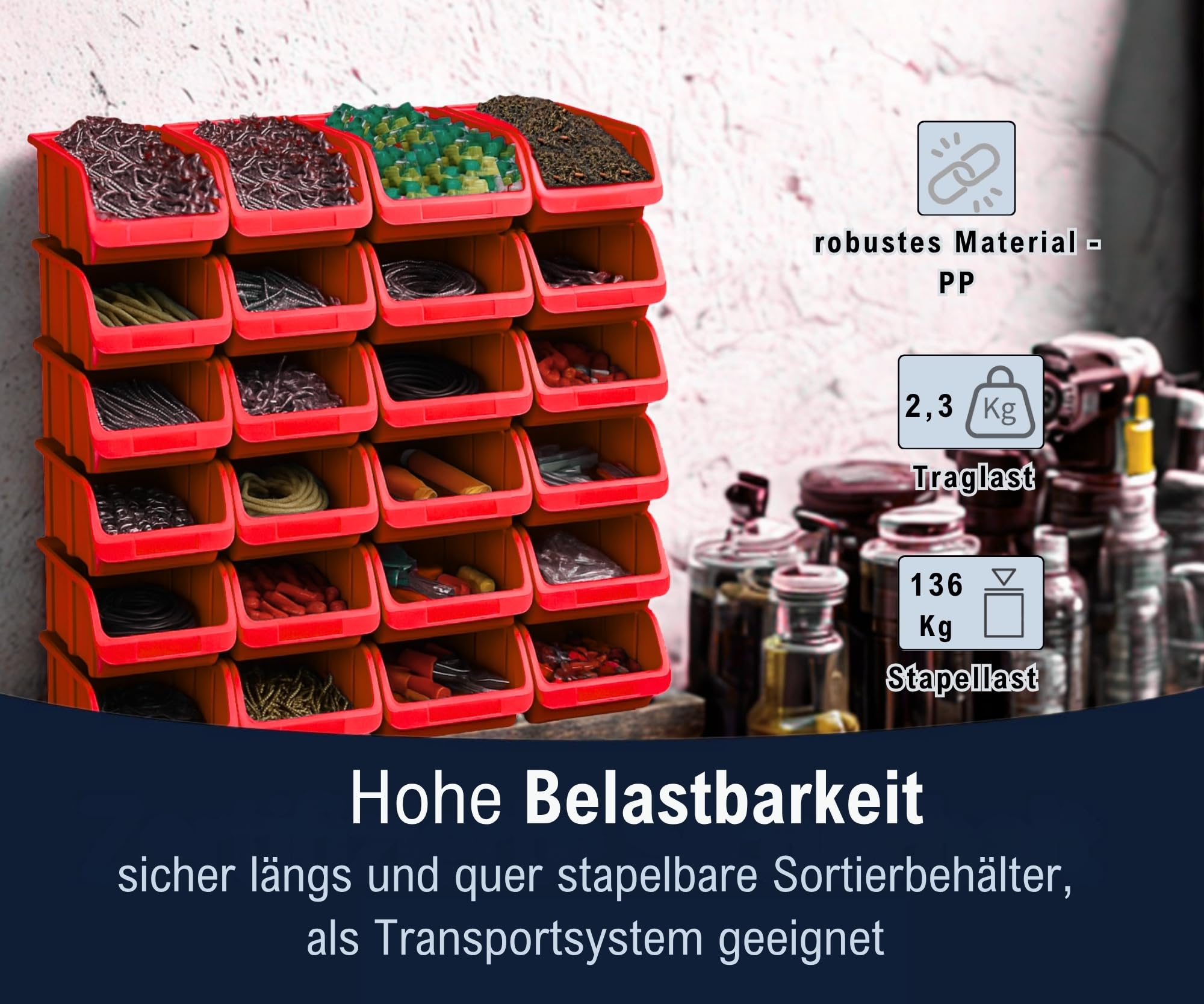 hünersdorff Set 24 tiroirs de rangement empilables, Boîtes de rangement, Rangement d'outils, haute stabilité dimensionnelle et capacité de charge, en polypropylène (PP), taille 2, rouge