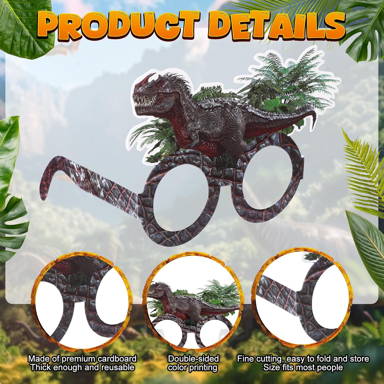 SiliFine 48 Pcs Realistic Dinosaur Glasses Bulk Dinosaur Birthday Party Decorations Jurassic Themed Paper Glasses Dino Eyeglasses Photo Booth Props for Jurassic Birthday Party Favors