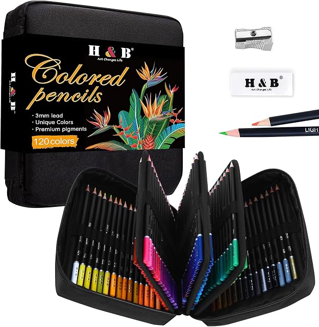 H & B 122Pcs Coloured Pencils Drawing Pencil Set Oil Based Artist Pencils Professional Colouring Pencils for Adults Beginners Art Supplies with Eraser In Zipper Case