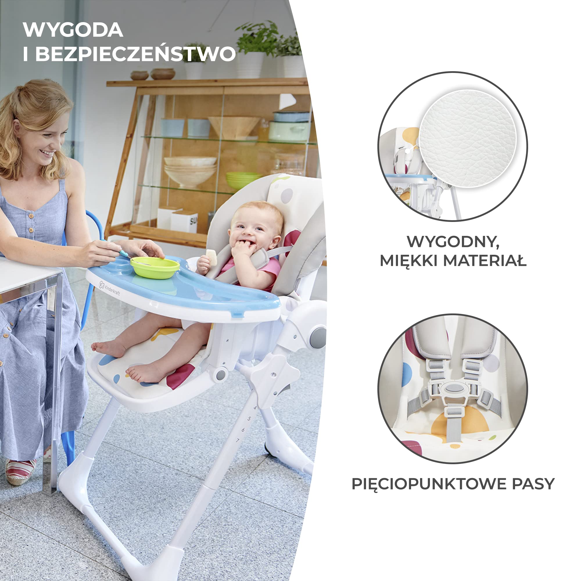 Kinderkraft Krzesełko do karmienia YUMMY, Krzesło, Zdejmowana tacka, Regulacja wysokości, Regulowane oparcie i podnóżek, Proste składanie, Łatwy w czyszczeniu, Kółka ułatwiające transport