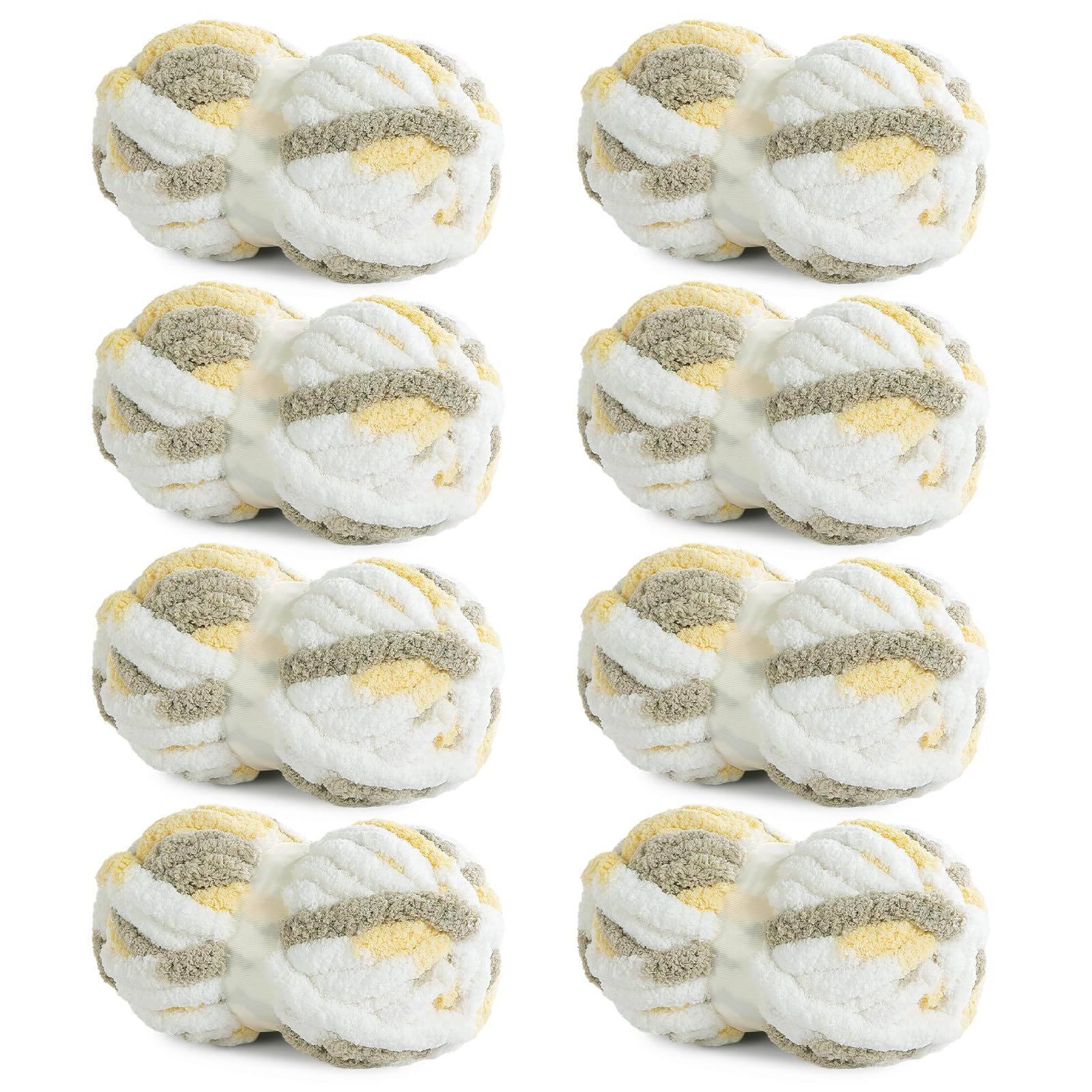 HOMBYS 8 Pack Giant Chunky Yarn for Crocheting,Super Bulky Large Soft Fluffy Yarn,Tie Dye Plush Fuzzy Yarn,Mixed Color Thick Chenille Yarn for Hand Knitting/Arm Knitting (White,Yellow,Brown) — image 1