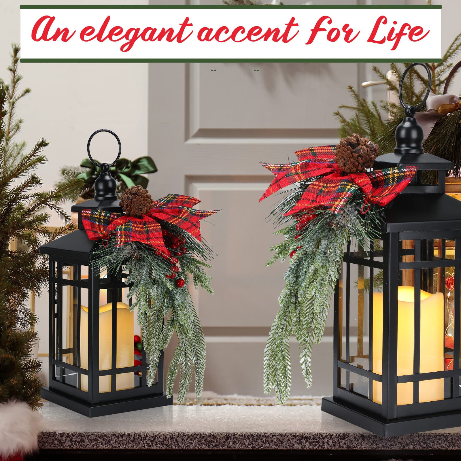 2 Pcs Christmas Decorative Lanterns Black Metal Christmas Party Hanging Candle Lantern Vintage Flameless Decorative Lanterns with LED Lights for Indoor Outdoor Christmas Home Table Porch Party Decor