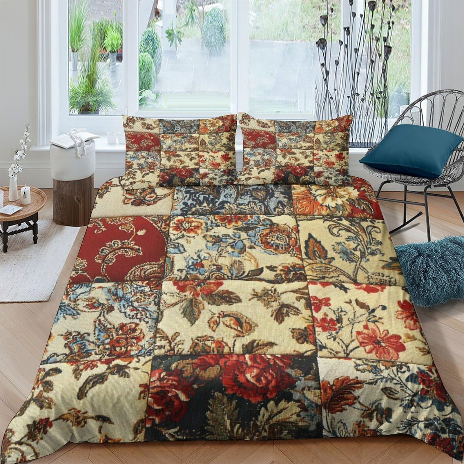 XFKLYNVCJ 3D Printed FloralFabric Comforter Cover Premium Polyester VintagePatternStyle Quilt Cover Wrinkle Free Fade Resistant Soft Comfortable Easy Care for Family Bedroom Use King（220x240cm）