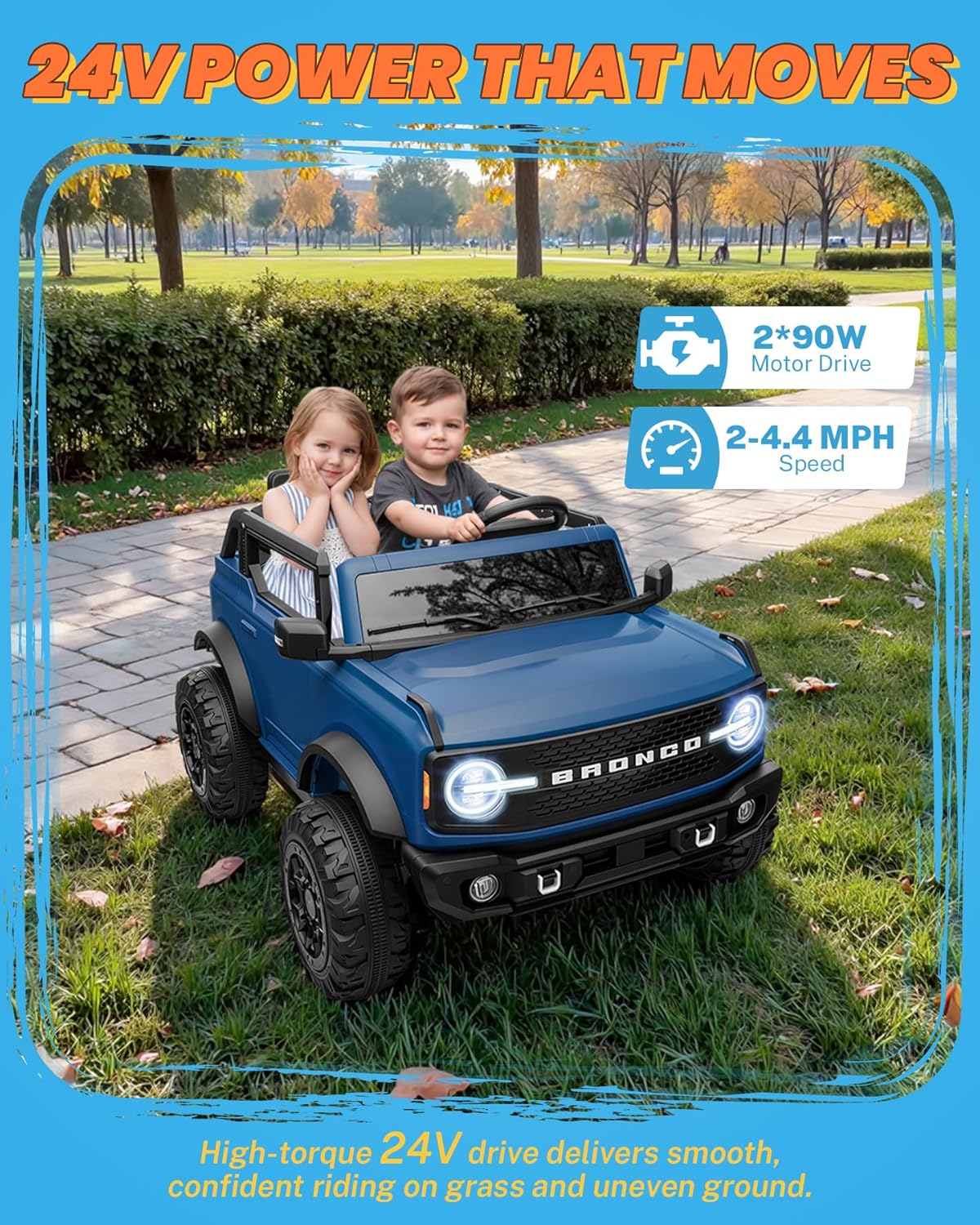 ENYOPRO 24V Ride on Toys, Licensed Ford Bronco Base 2 Seater Ride on Car for Kids, Electric Car with Remote Control, Seat Belts, LED Headlights, Bluetooth, Soft Start, Spring Suspension (Blue)