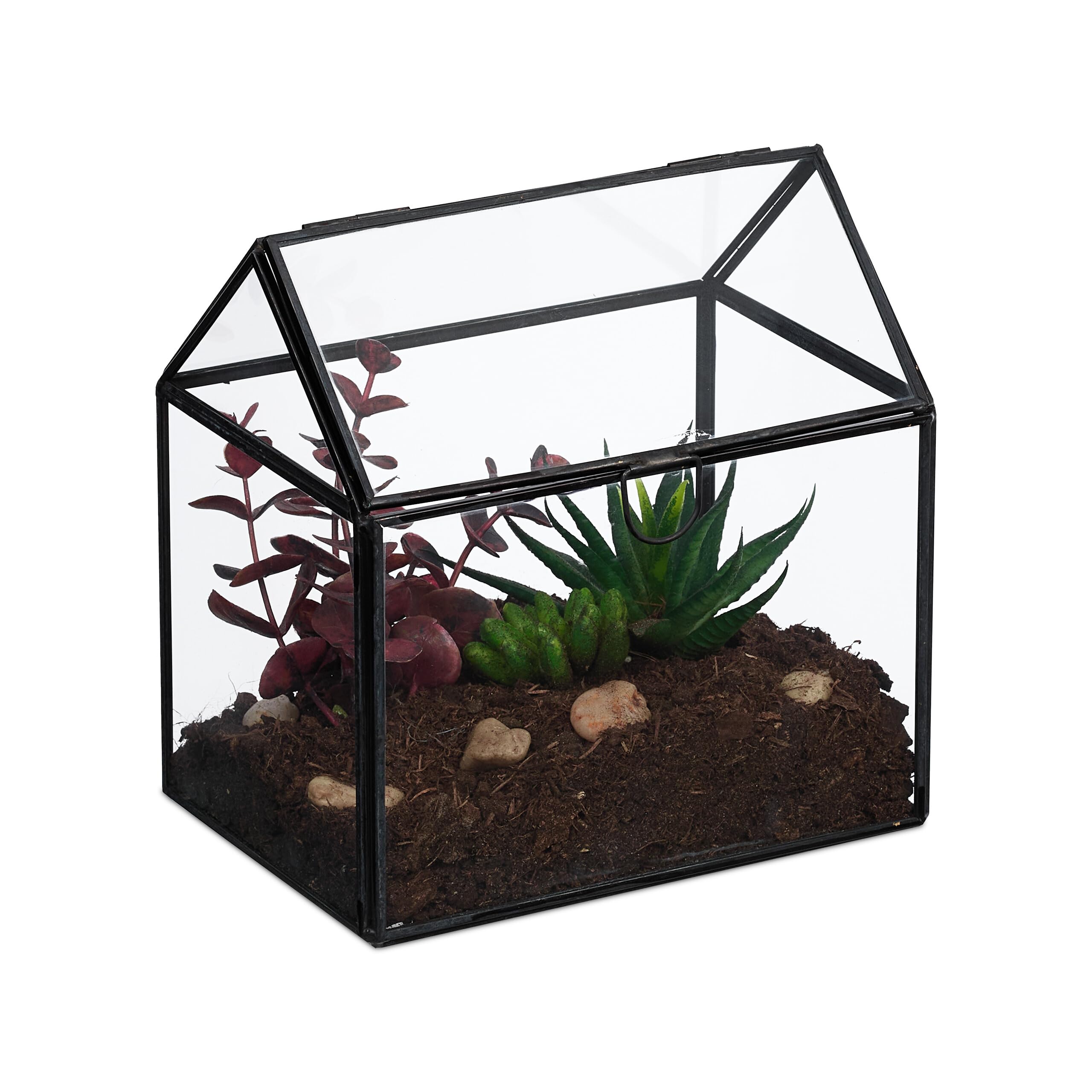 Relaxdays Terrarium, Glass & Tin, House Shape, Succulents, Moss & Air Plants, Mini Greenhouse, Decor for Windowsill
