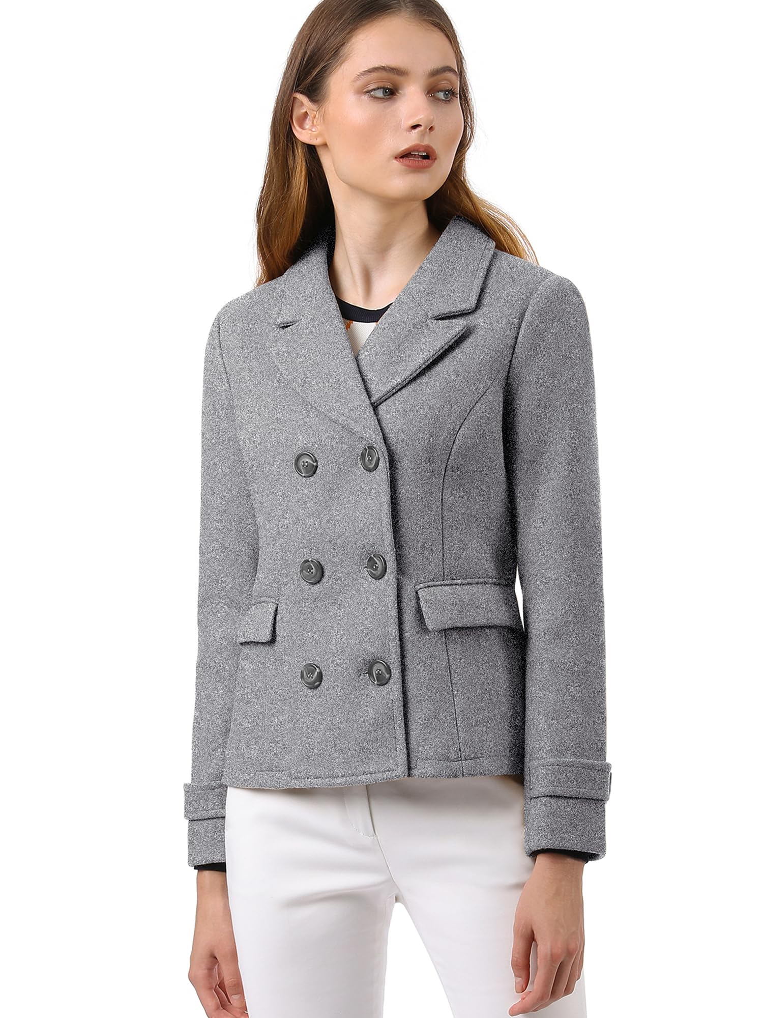 Allegra K Damen Langarm Revers Zweireiher Button Peacoat Mantel Grau XL