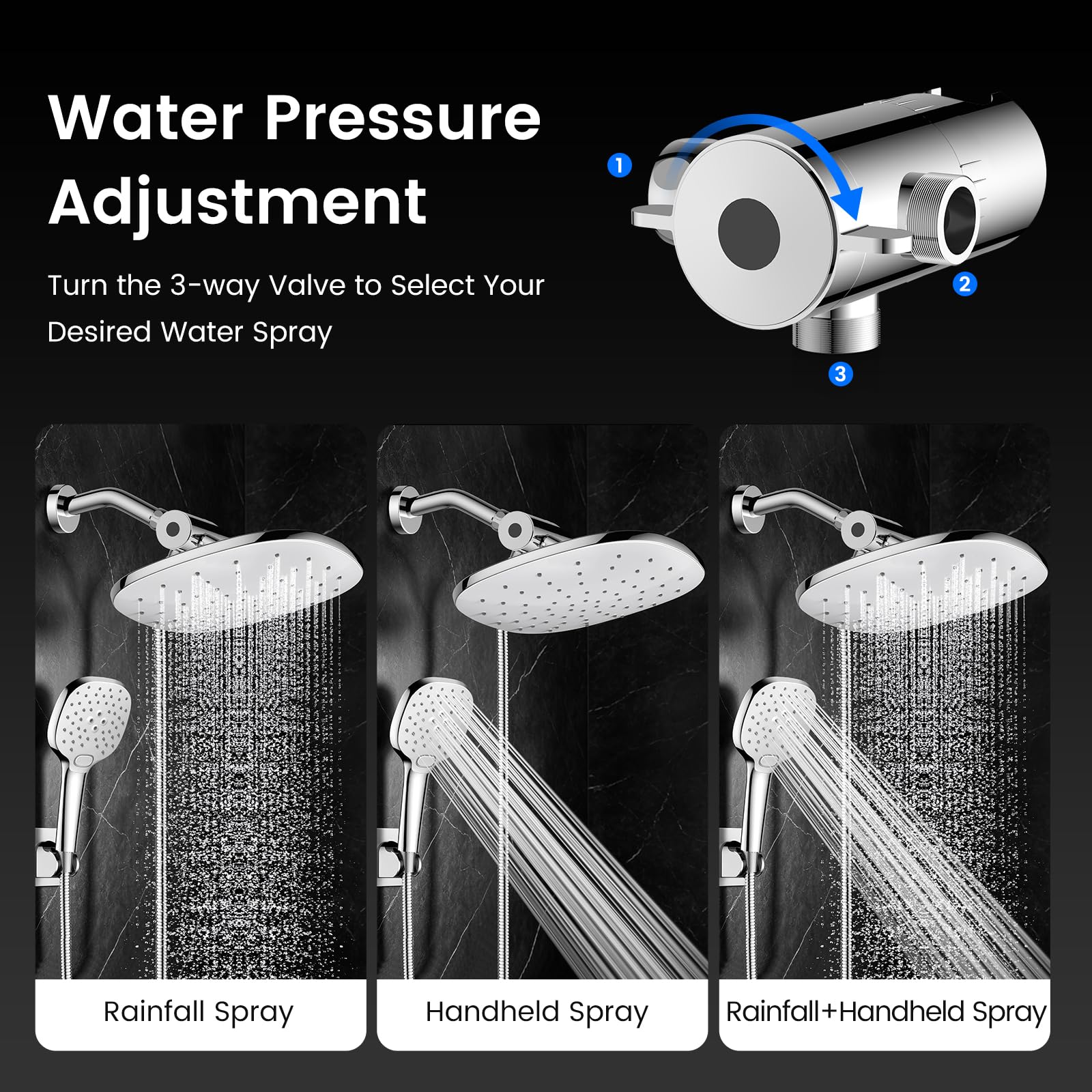 PWERAN Soffione doccia, soffione doccia a pioggia da 25,4 cm con doccetta combinata, soffione regolabile ad alta pressione a pioggia, set doppio con tubo doccia lungo 180 cm e supporto extra