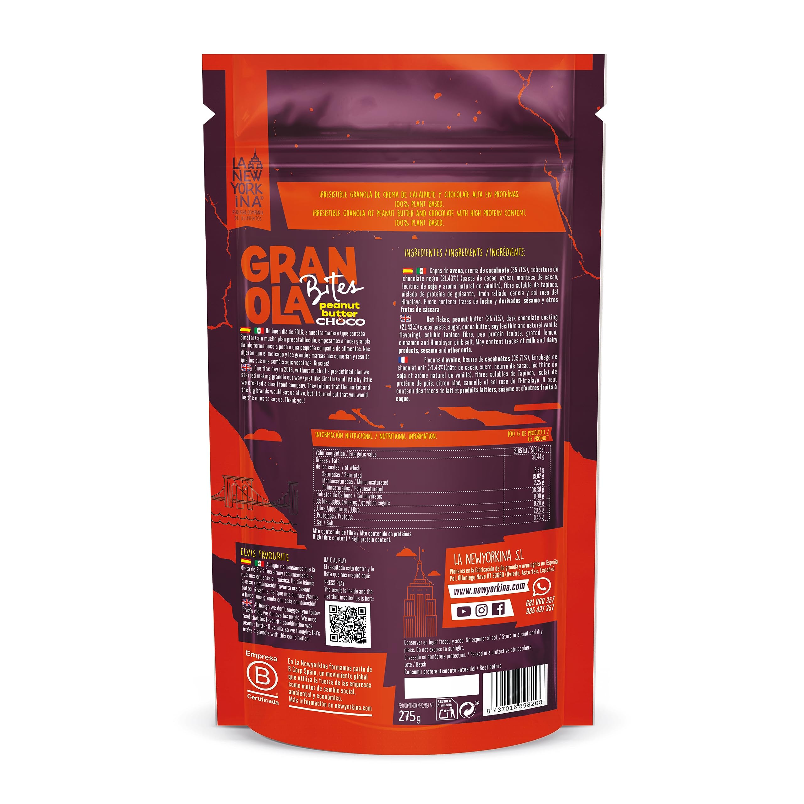 LA NEWYORKINA BITES Granola Peanut Butter Chocolate con avena y crema de cacahuete. Con mucho chocolate, casi el 22% del envase es chocolate con un mínimo del 70% de cacao. 275gr