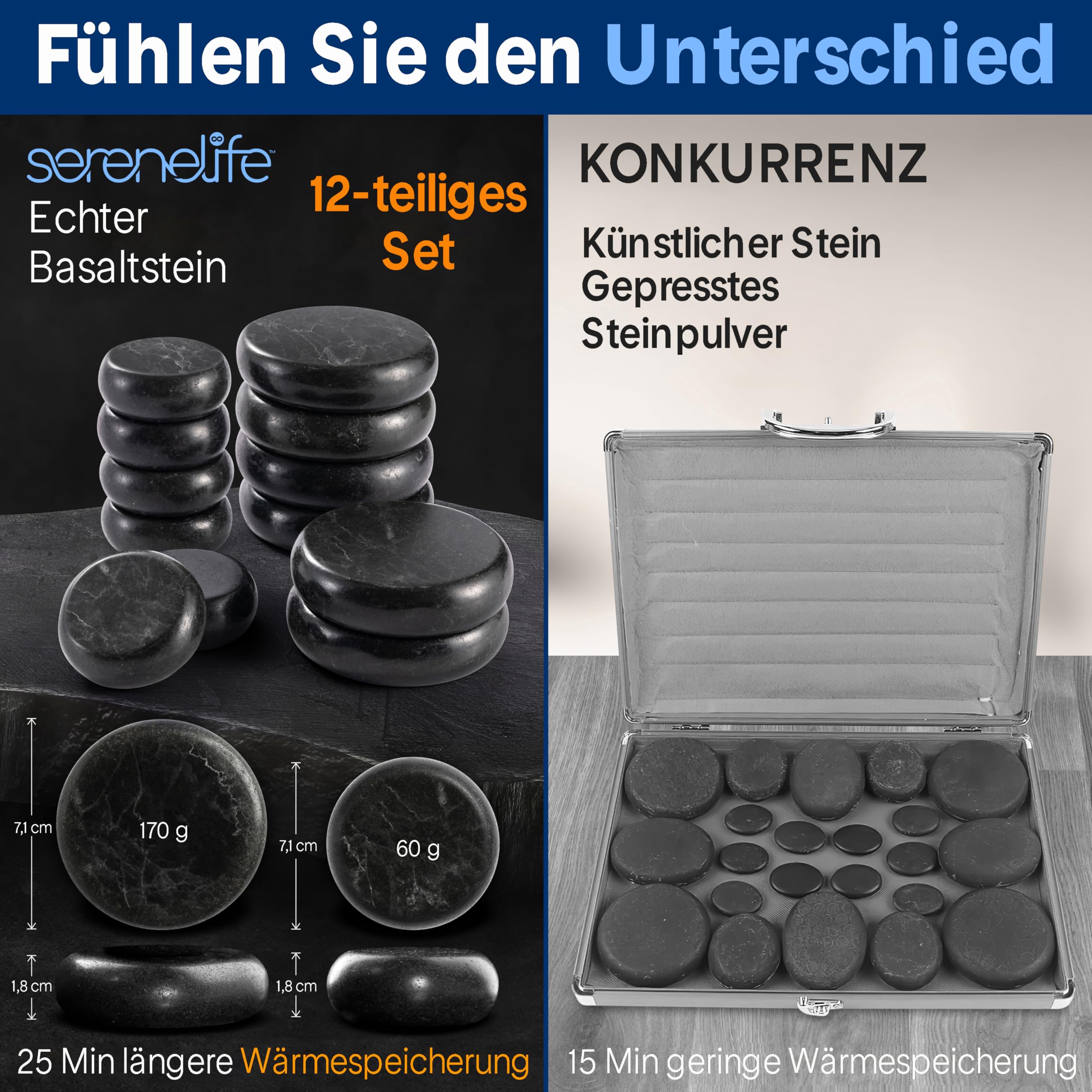 SereneLife Hot Stone Massage Set mit Heiztasche 12 Basalt Massagesteine Digitale Temperatursteuerung Wärmegerät Wellness