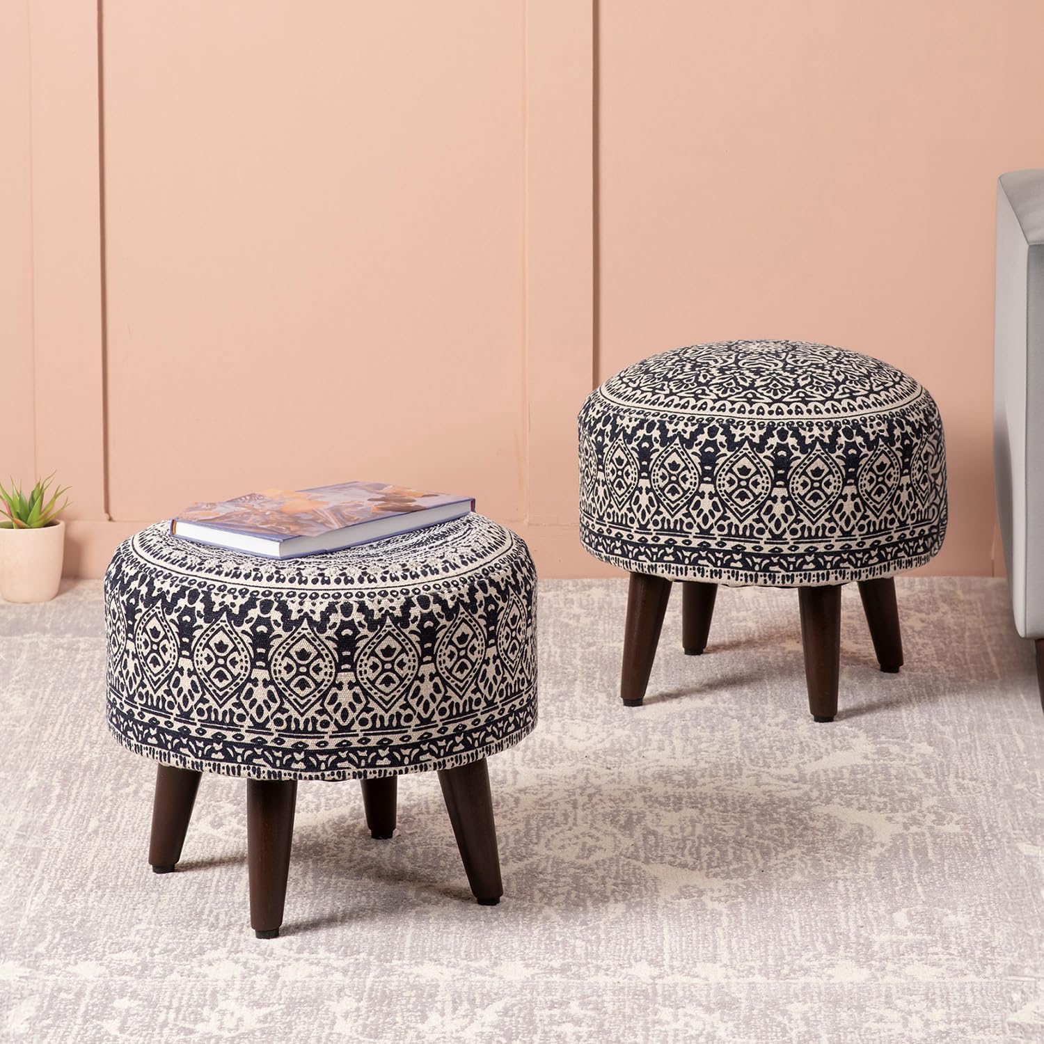 nestroots Set of 2 Wooden Ottoman Stools for Living Room | Printed Pouffes for Sitting, Foot Rest with 4 Wooden Legs | 14 Inch Height, Blue | Stylish & Comfortable Furniture for Home Décor