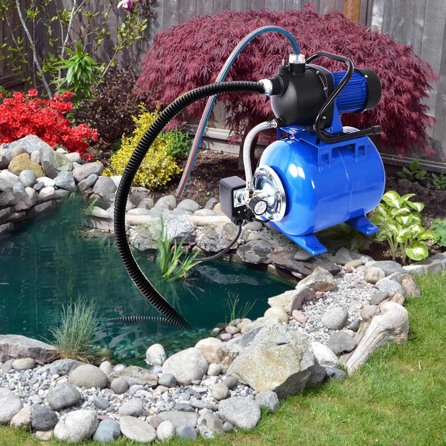 1.6HP Shallow Well Pump with Pressure Tank,garden water pump, Automatic Water Booster for Home Garden Lawn Farm (Blue)