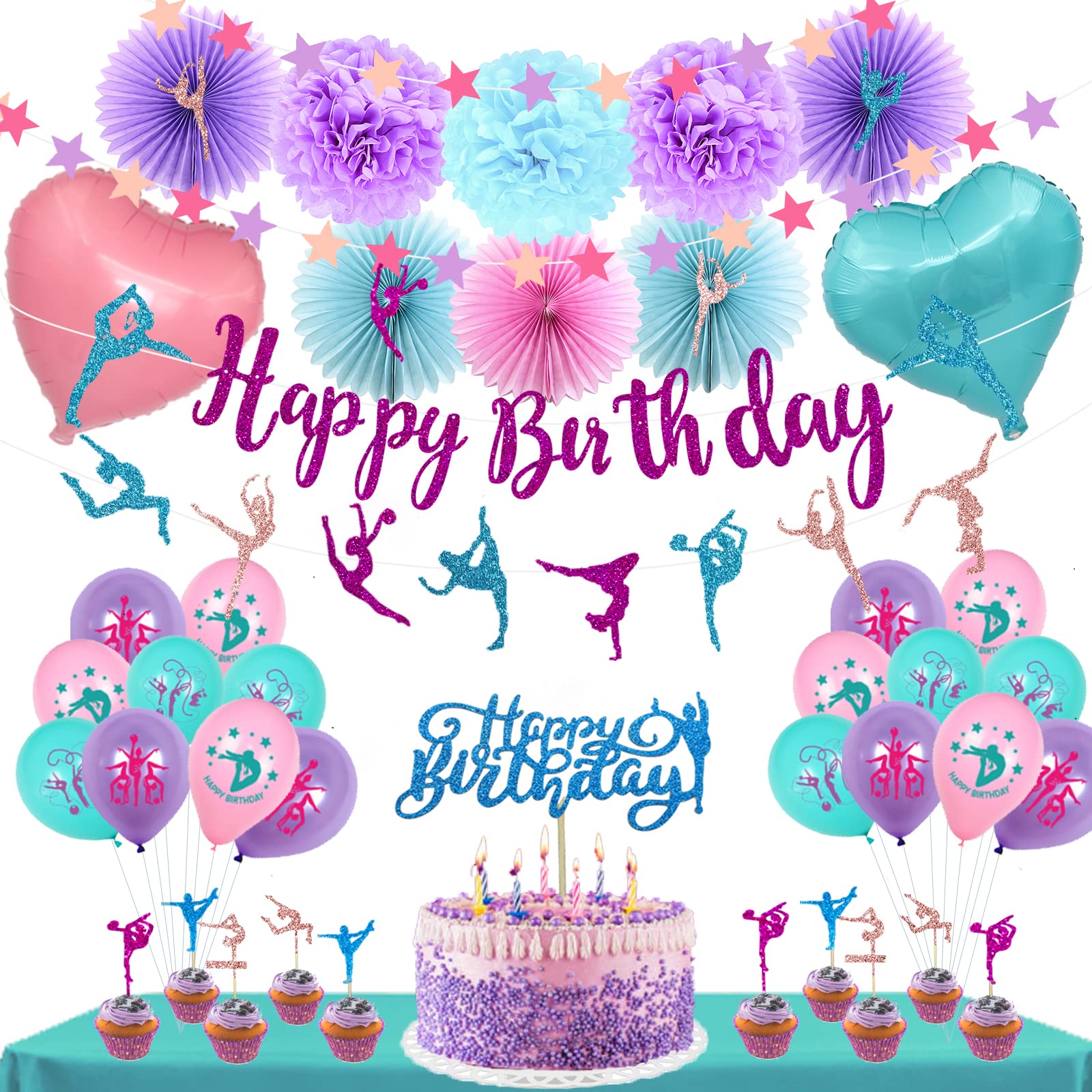 46 PCs Gymnastics Party Decorations for Girls, Hombae Gymnastics Birthday Decorations Women Gymnast Happy Birthday Paper Fan Pom Pom Glitter Banner