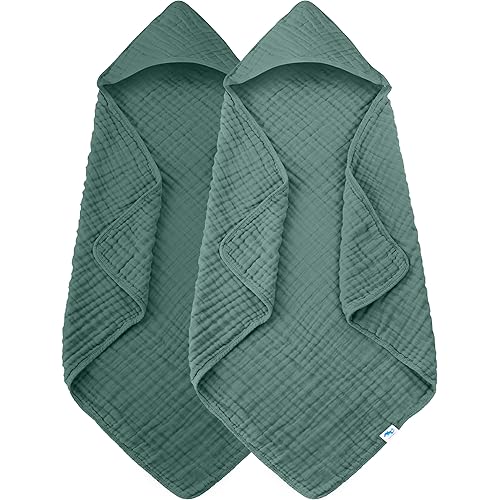 SWEET DOLPHIN Muslin Hooded Baby Bath Towels - 2 Pack 100% Cotton Towel for Babies, Infants, Toddlers - 32x32Inch - Highly Absorbent and Newborn Essential, Deep Emerald