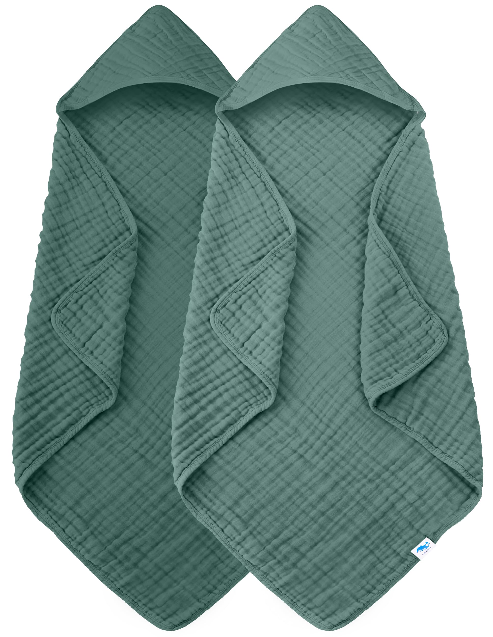 SWEET DOLPHIN Muslin Hooded Baby Bath Towels - 2 Pack 100% Cotton Towel for Babies, Infants, Toddlers - 32x32Inch - Highly Absorbent and Newborn Essential, Deep Emerald