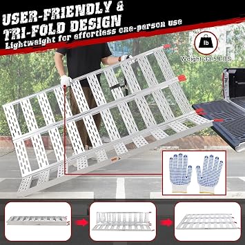 GAOMON Ramps for Pickup Trucks, Aluminum Tri-Fold Motorcycle Powersports Loading Ramps, 1500 LBS Capacity ATV Ramp with Load Straps for ATV/UTV, Lawn Mowers, Tractors, 76 L x 50 W