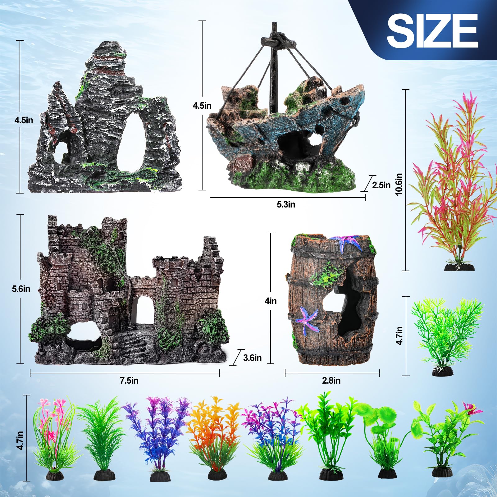 CousDUoBe Kit grande de 14 piezas de decoraciones de acuario, decoraciones de burbujas de castillo, barril de estrella de mar, roca de cueva de resina, material de resina, barco hundido, plantas de
