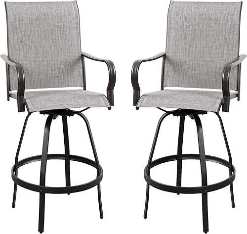 Miniatura 10 de Vongrasig Juego de 2 Sillas Giratorias de Bar para Patio Exterior, Taburetes de Bar Altos con Textil Tipo Sling Acolchado Resistente a Todo Clima