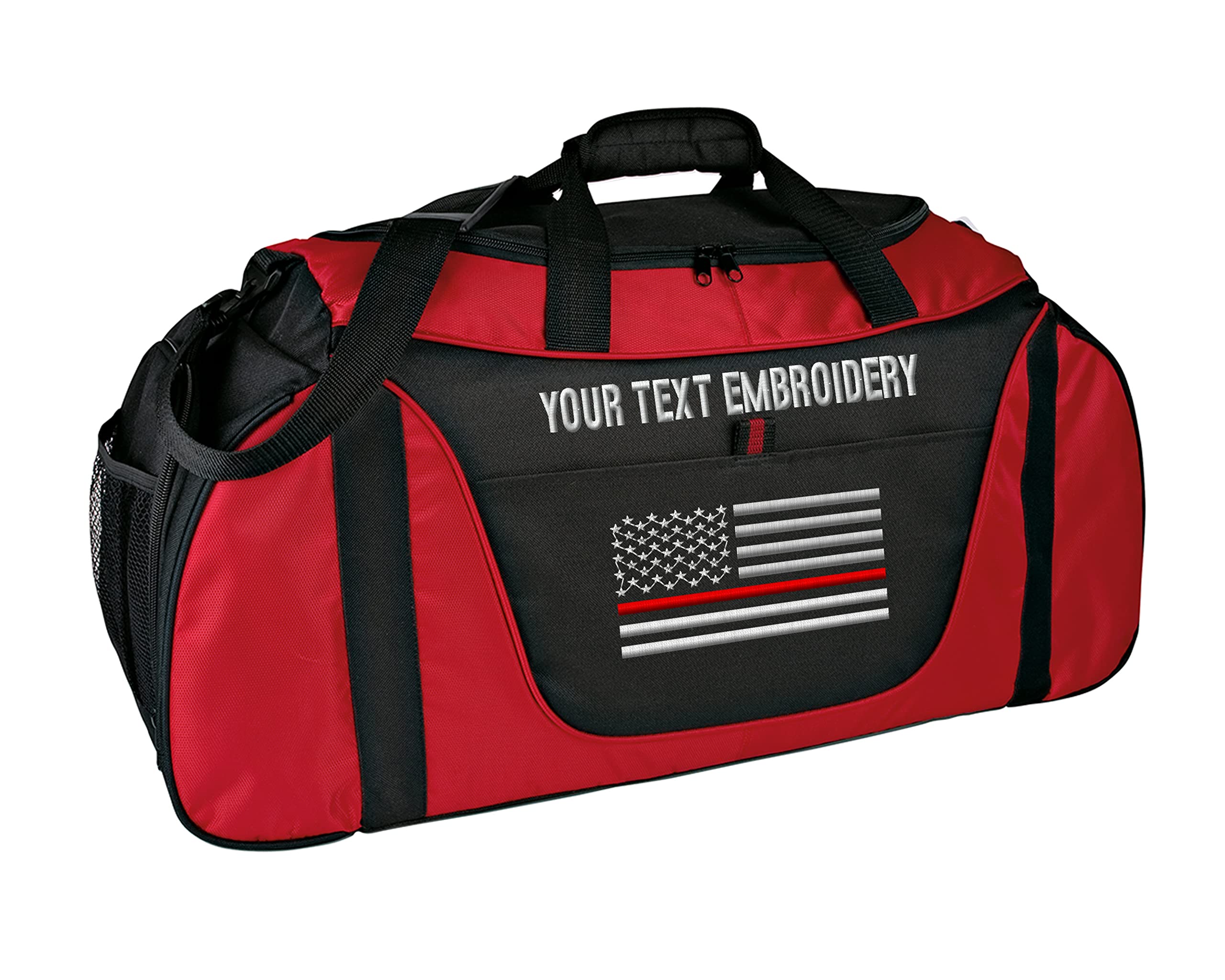 Gym Duffel bag Custom Embroidered Thin Red line or Blue line USA flag Travel Work Out Bag (Red/Black)
