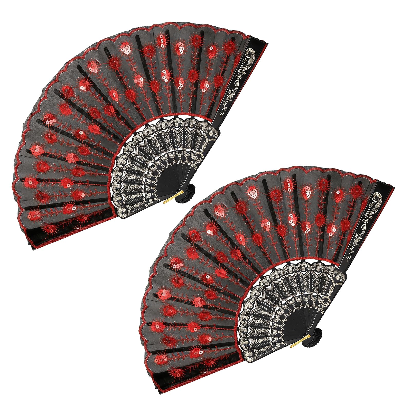 NEWFT 2 Pack Stylish Hand Fan with Intricate Embroidery Glittering Sequins Lace Folding Fan for Dancing and Photography Props Glittering Sequins Dance