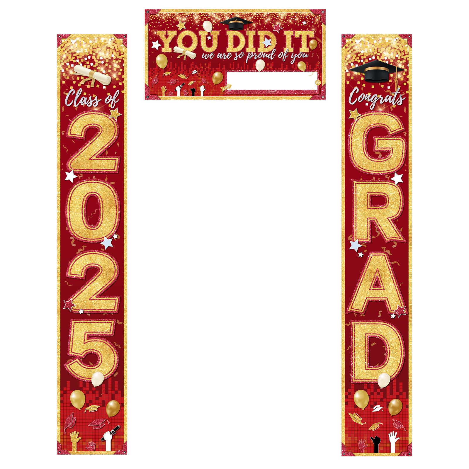 3pcs 2025 Graduation Banners DIY, Congrats Grad Door Banners Class of 2025 You Did It Grad Backdrop Porch Sign Commemorative Photo Props for College Graduation Party Decorations(Red)