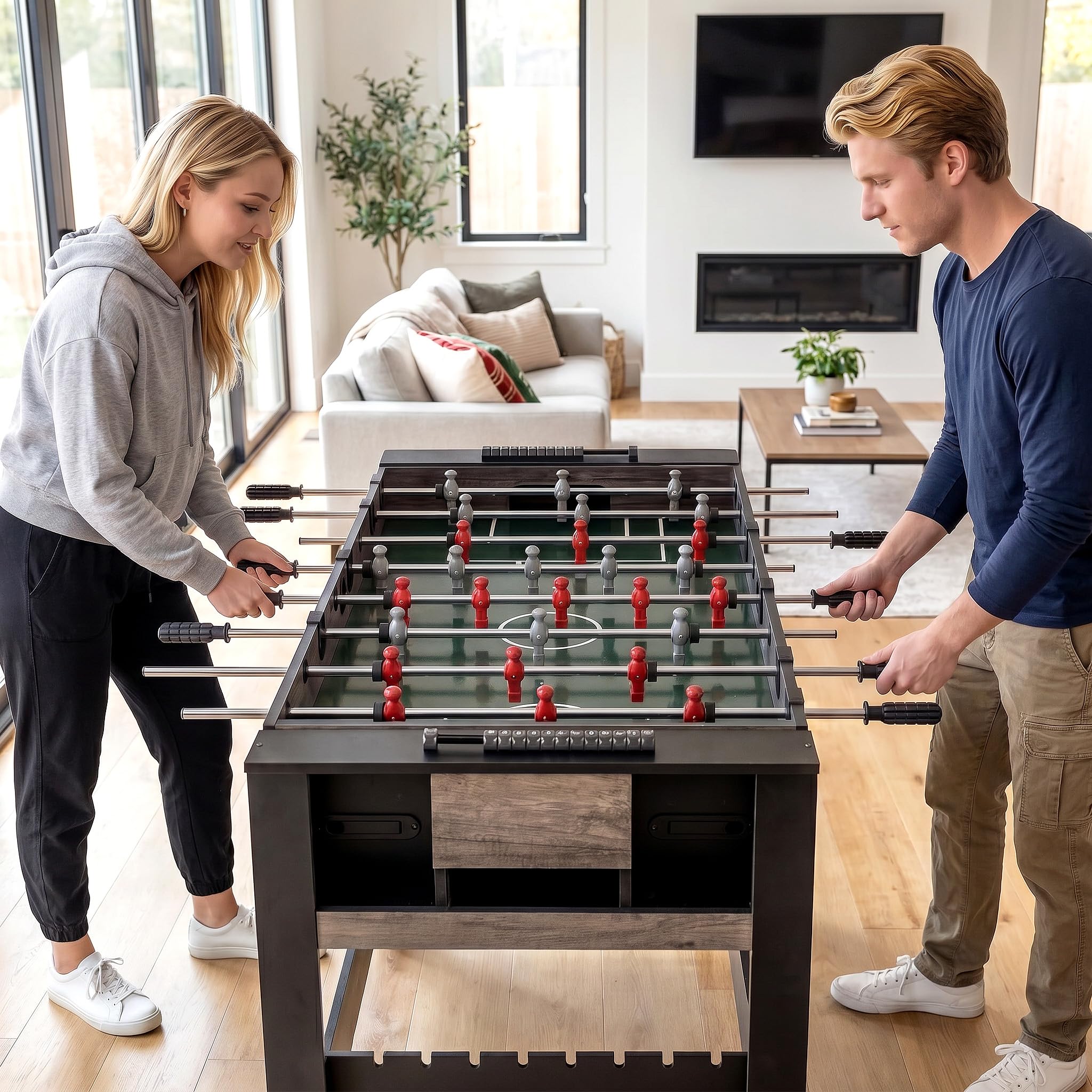 HOMASIS Multi Spieltisch, Multifunktionstisch mit Tischkicker & Billardtisch, Kickertisch Billard mit Bälle Queue Dreieck Bürste Kreide, Multigame-Tisch Kinder Erwachsene