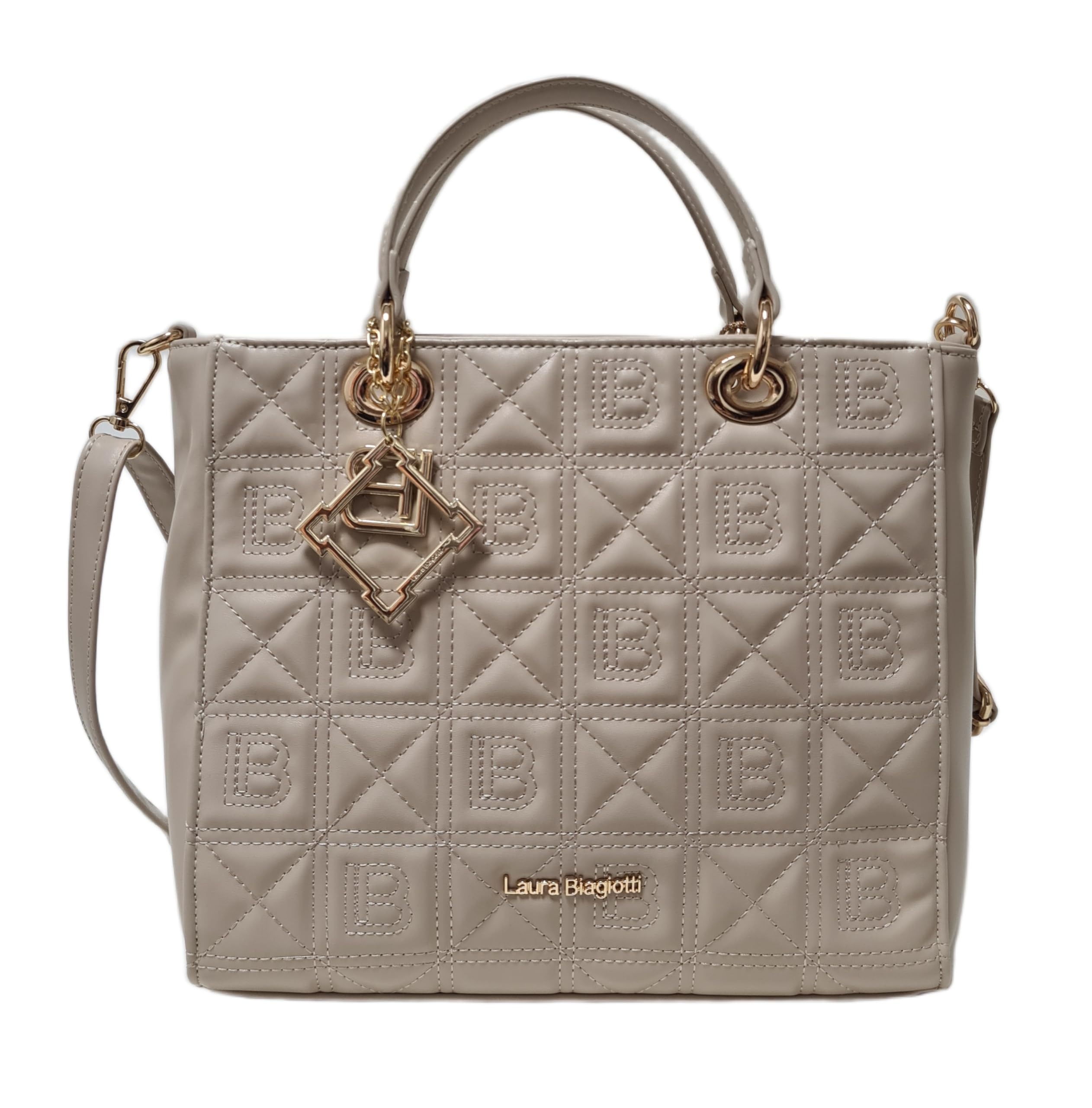 Laura Biagiotti Bolso de mano y bandolera línea Odaly, piel sintética acolchada en la parte delantera, con logotipo LB, dimensiones 28 x 25 x 14 cm Art: LB26S-116-1 (natural) | Ligera