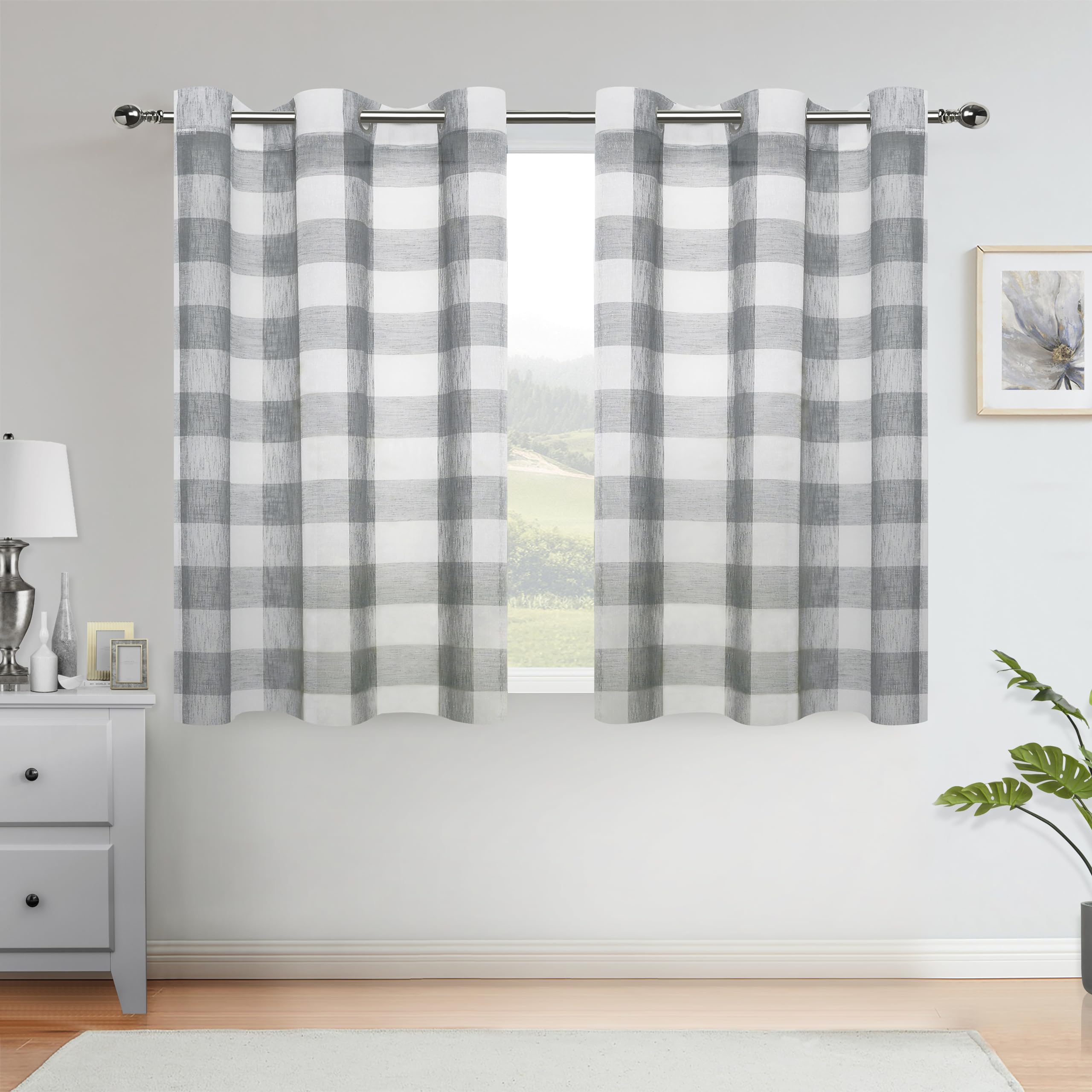 Short Gray White Sheer Window Curtains,Buffalo Plaid Voile Panels,Checkered Farmhouse Rustic Drapes 54 Inches Long,Gingham Grommet Top Window Treatment for Bedroom&Living Room(2 Panels,40"x54",Grey)