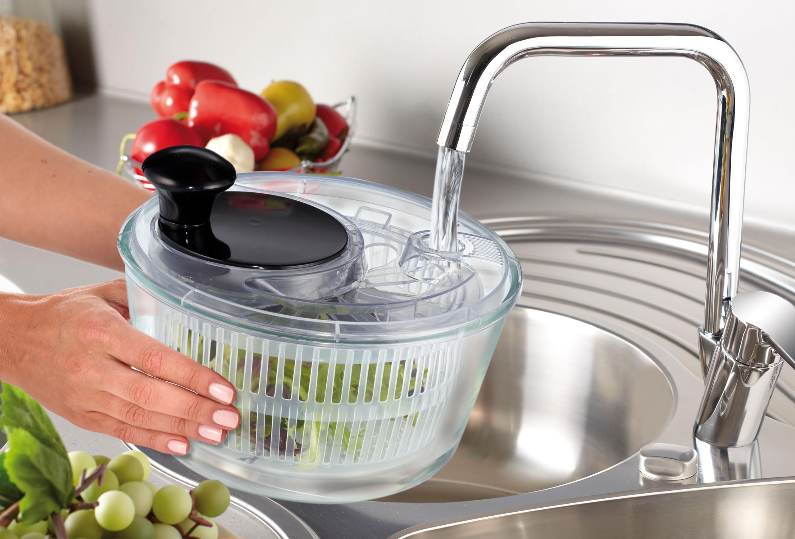 Mastrad - Essoreuse à Salade avec Panier en Verre Borosilicate Ø21 cm, Transparente