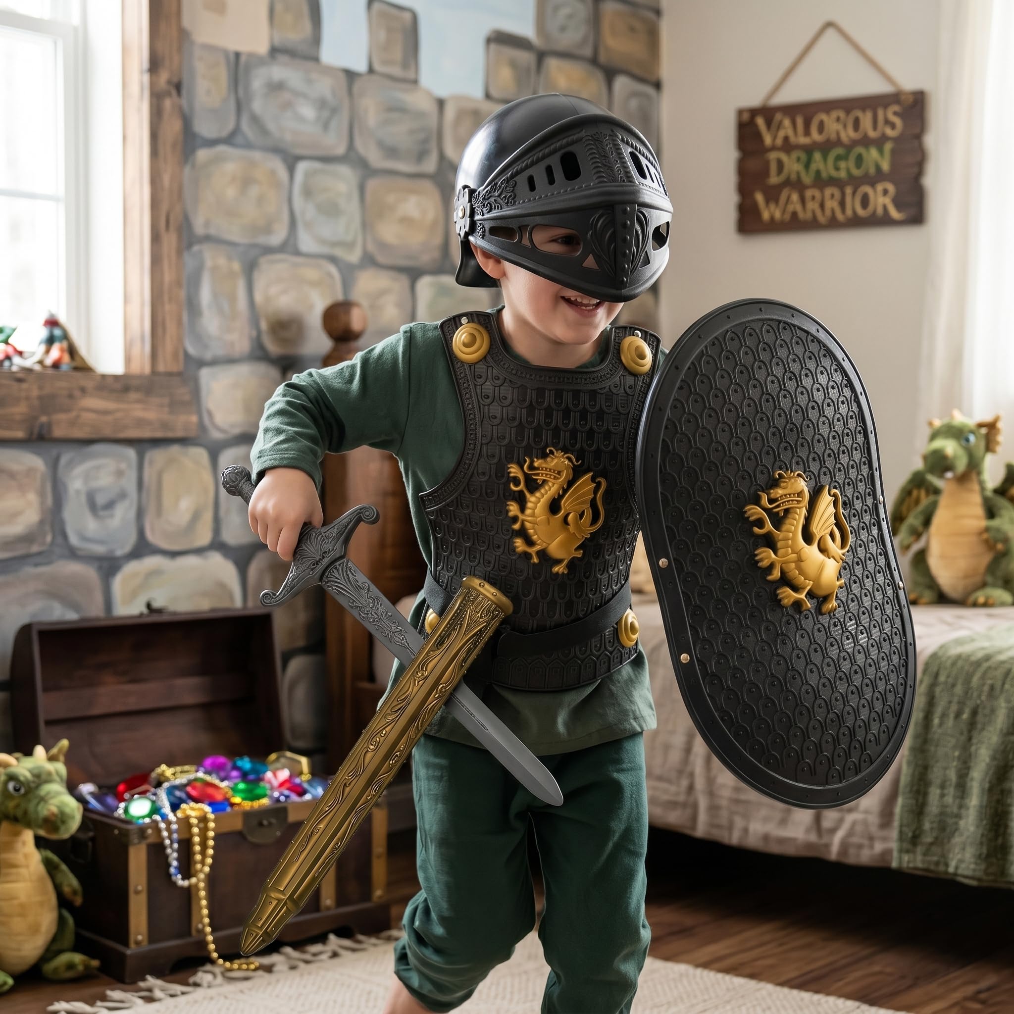 Costume da cavaliere per ragazzi, set di armature per bambini a tema drago, con casco, scudo e spada, nero