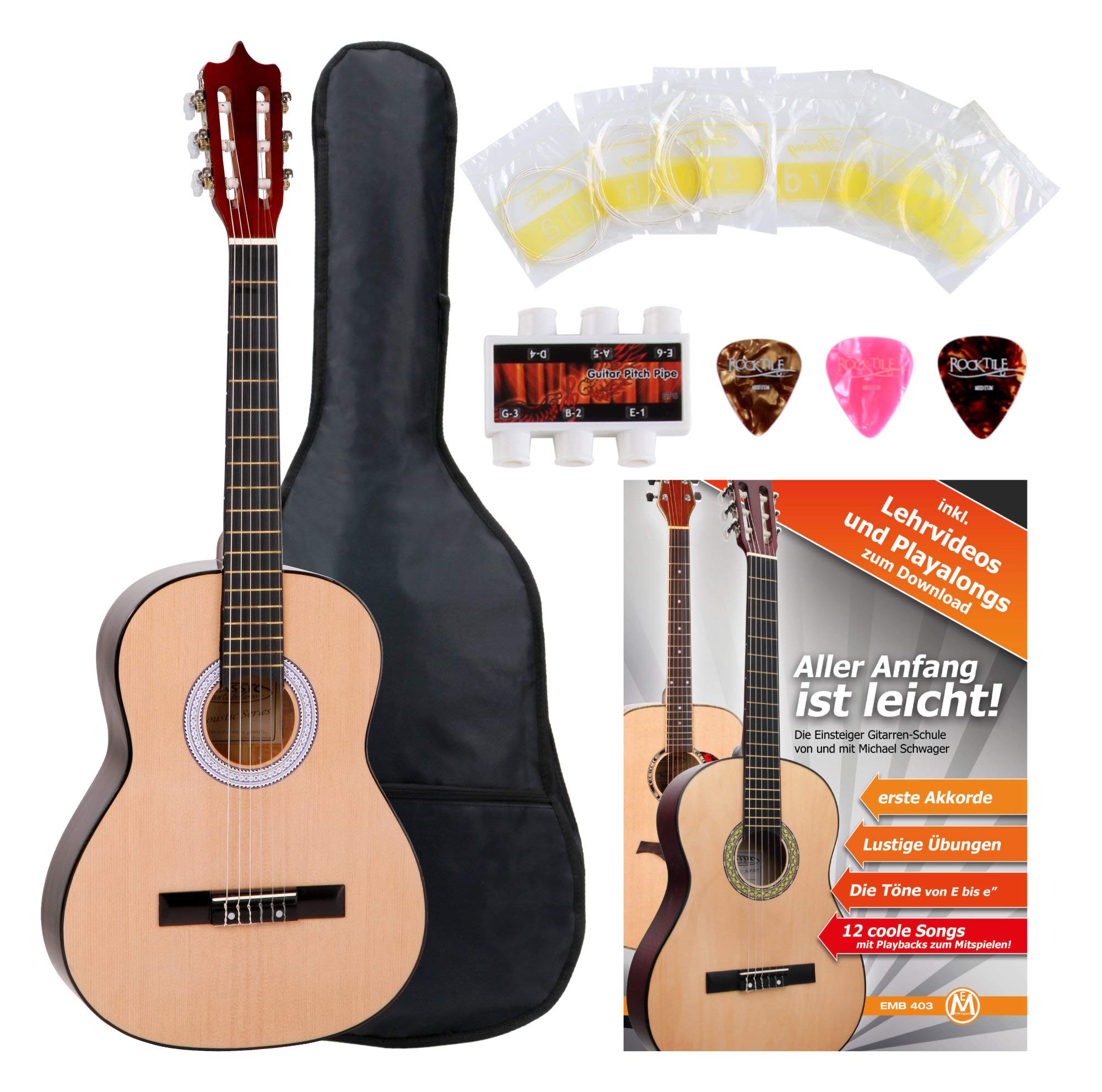 Classic Cantabile Set de Inicio Guitarra Clásica 3/4 Incl. Set, Tapa: abeto | Serie Junior, Fondo y aros: tilo, Mástil y puente: arce, Ancho de cejuela: 44 mm, Escala 3/4/ 59 cm, Longitud total: 92 cm
