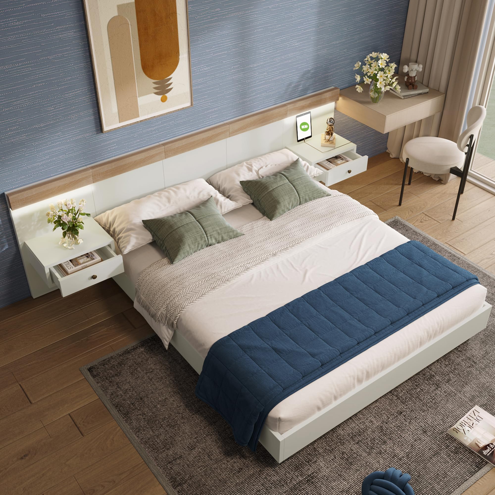Doppelbett Bettanlage mit 2 LED Nachtkommoden& USB C Steckdose 180 x 200 cm Holzbett inkl. 2 Nachttischen Schlafzimmer Komplett-205x284x90.5 cm(T/B/H) Set in Eiche Sonoma/Weiß(Ohne Matratze)