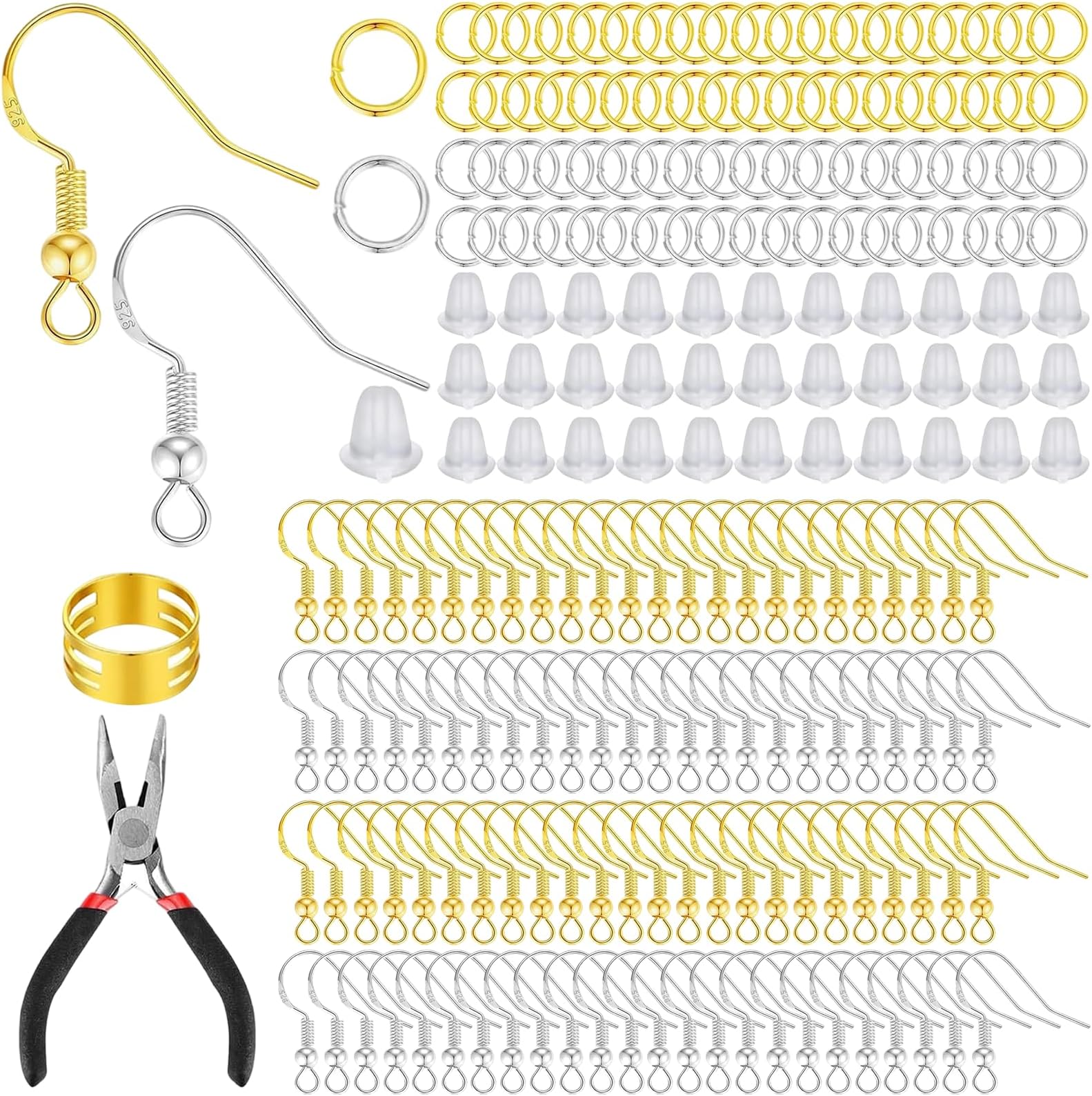 HJ-fuzhou Earring Making Supplies,602 Pcs Hypoallergenic Silver and Gold Plated Earring Making Kit with Fish Hooks, Metal Jump Rings, Clear Silicone Backs Stoppers for DIY