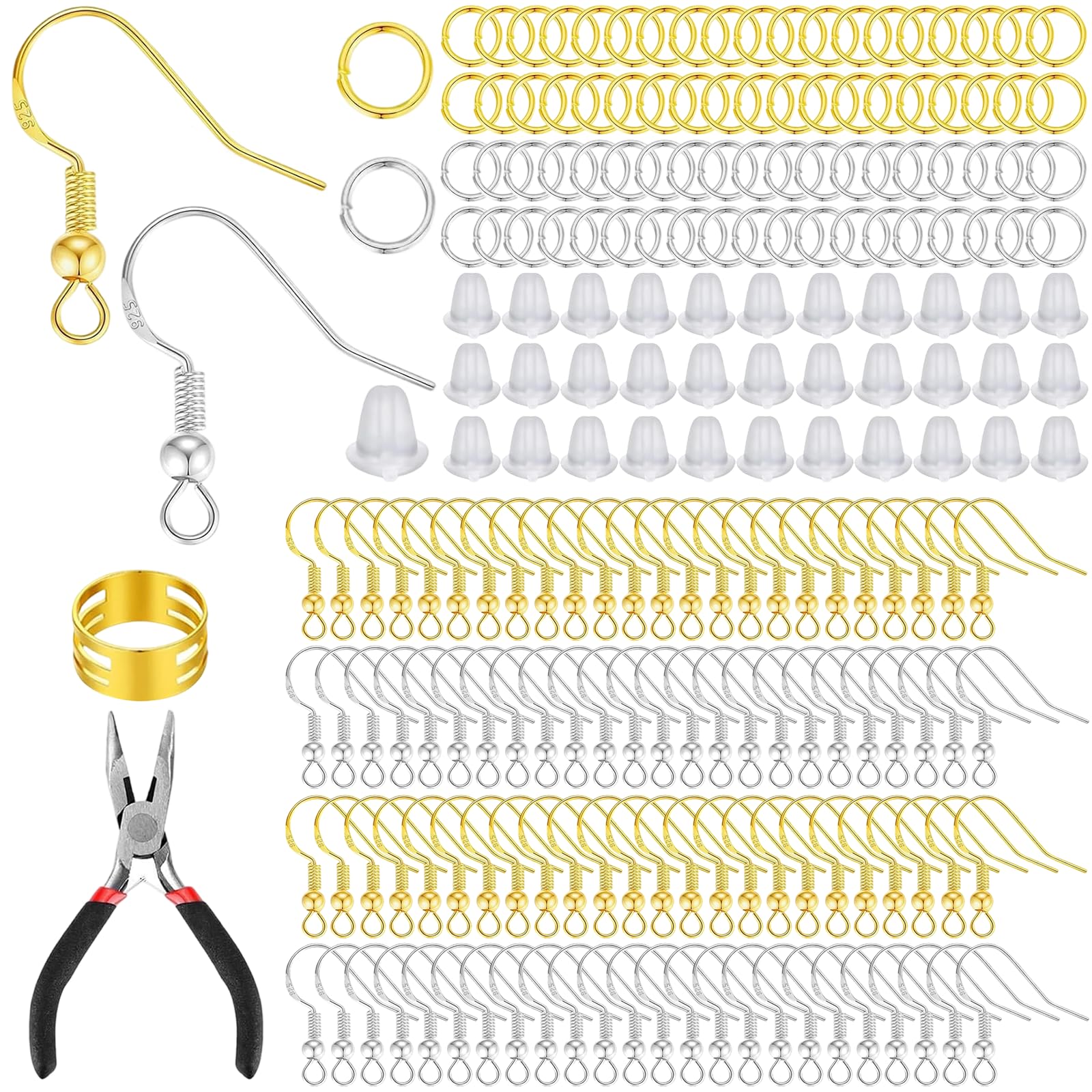 HJ-fuzhou Earring Making Supplies,602 Pcs Hypoallergenic Silver and Gold Plated Earring Making Kit with Fish Hooks, Metal Jump Rings, Clear Silicone Backs Stoppers for DIY