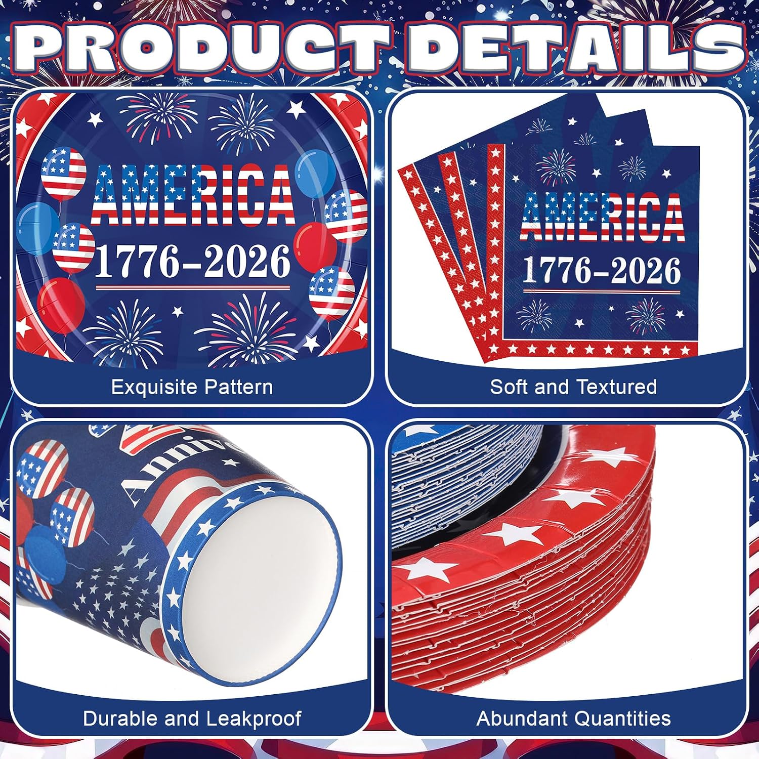 Zhehao 168 Pcs 250th Anniversary 4th of July Decorations Patriotic American Flag Party Supplies 4th of July Plates Napkins Cups Knives Forks Spoons for Memorial Day Independence Day Serve 24