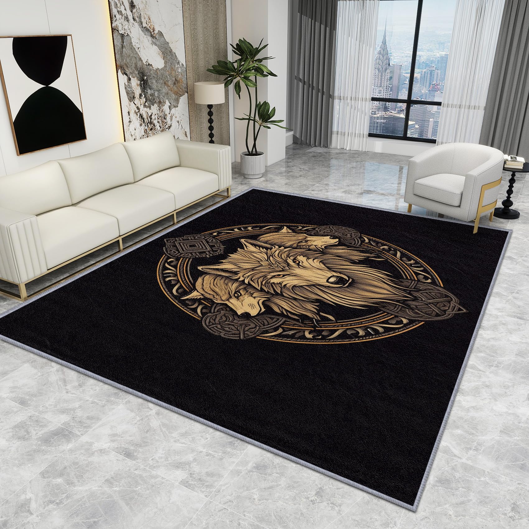 Small Viking Rug - Viking Rug - Celtic Wolf Head Rugs, Mythical Norse Mythology Carpet, Washable Rug Non Slip Low Pile Soft Large Area Rugs, Viking Home Decor Gifts, 120 X 120 cm