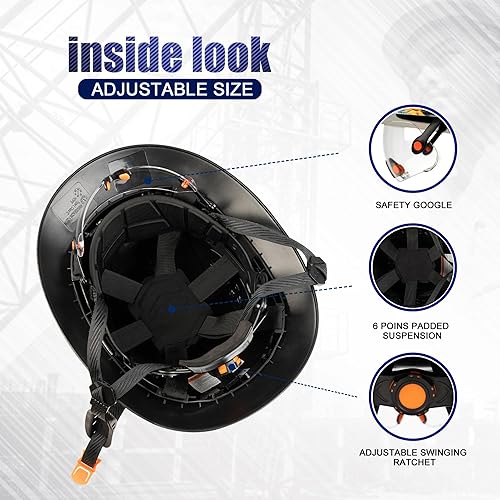 Miniatura 6 de Sombreros duros de ala completa con visera, fibra resistente con suspensión de trinquete ajustable de 6 puntos, casco de seguridad reflectante de