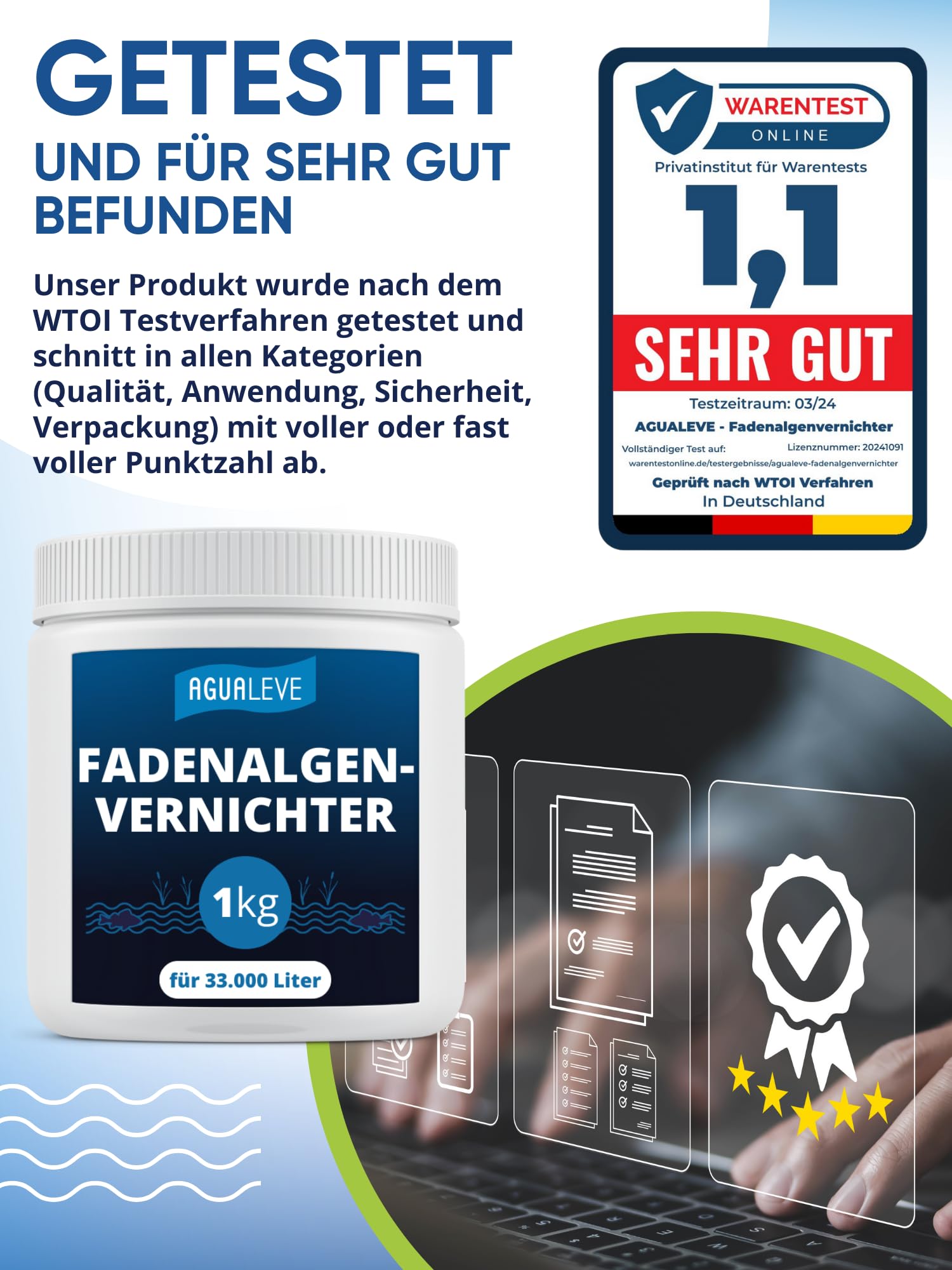 AGUALEVE® Fadenalgenvernichter 1kg *NEU* | bioverträgliche Algenvernichtung ohne Schwermetalle | Markenqualität Made in Germany | für 33.000 Liter Teichwasser | Note 1,1