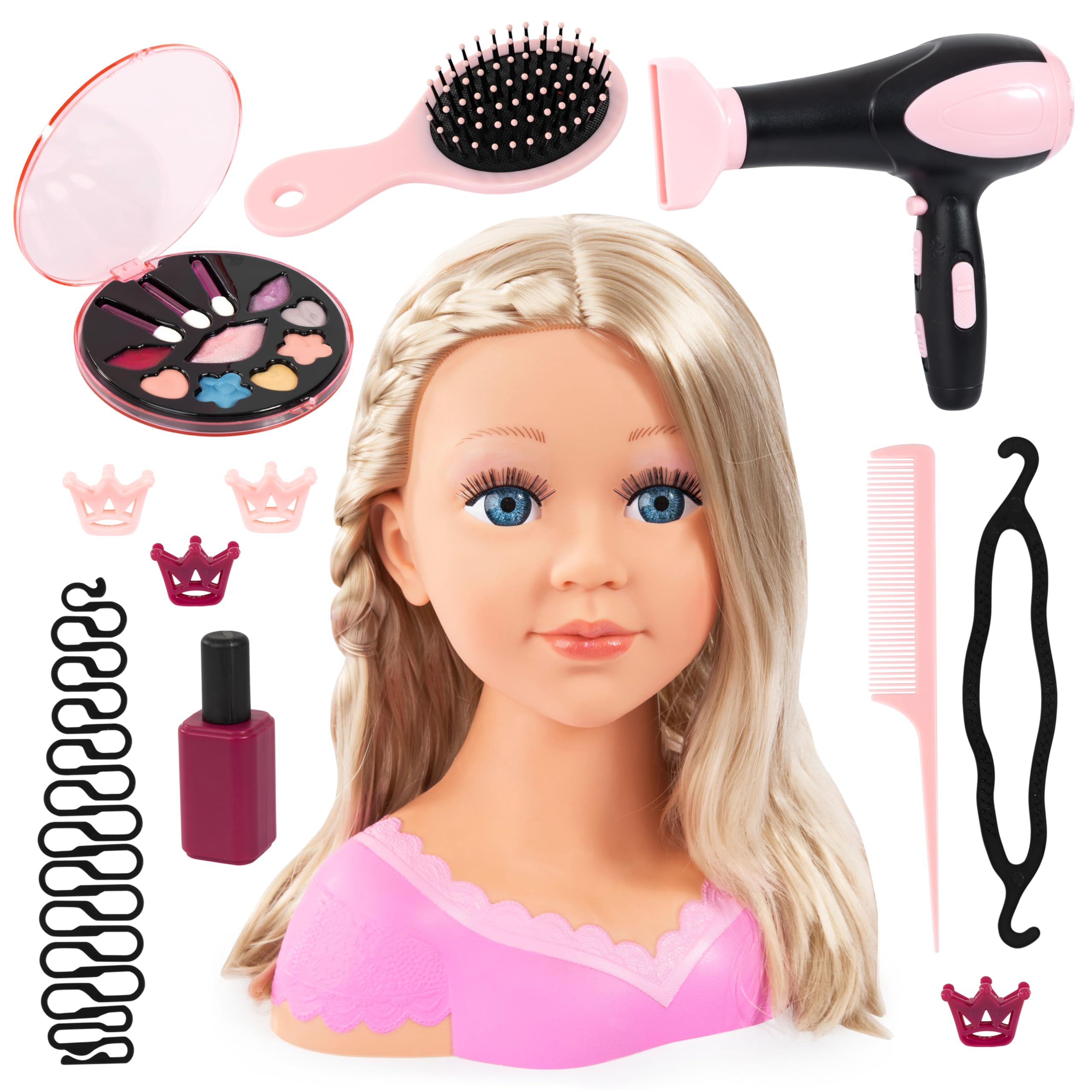 Bayer Design Charlene Super Model Testa da truccare e acconciare | Testa di bambola con accessori per capelli, strumenti per il trucco e un asciugacapelli con suoni e vento