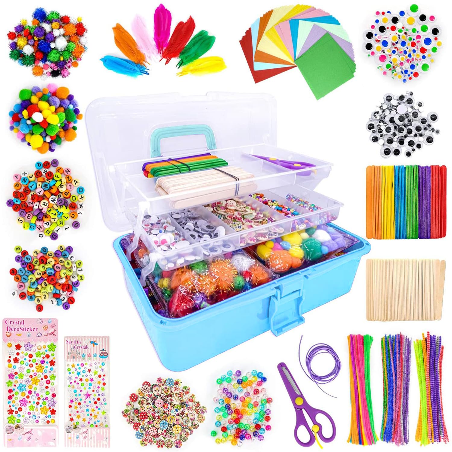 kortes Jumbo Art and Craft Supplies for Kids, Toddler DIY Craft Art Supply Set Included Pipe Cleaners, Pom Poms, Feather, Folding Storage Box - All in