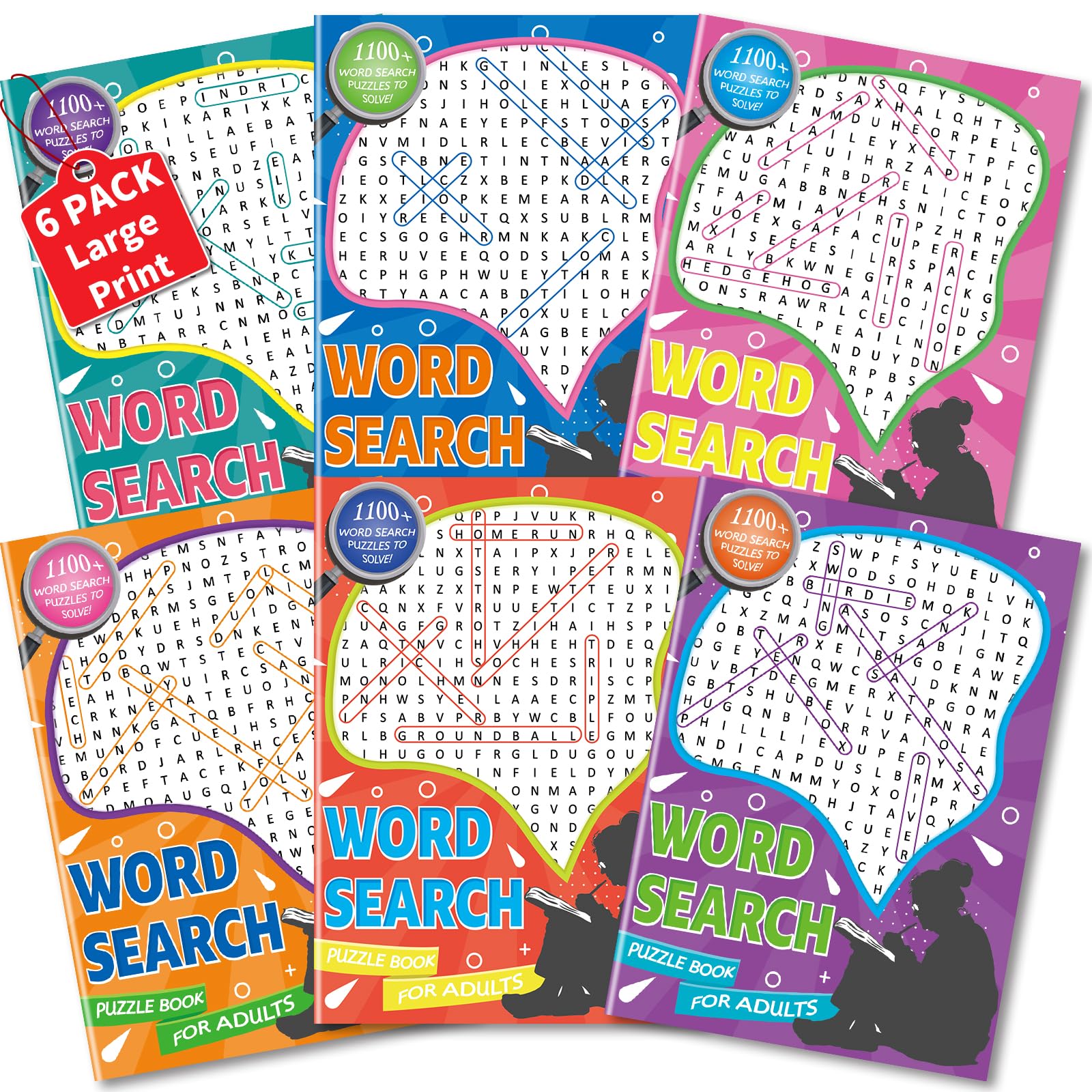 Kalysky 6Pack Large Print Word Search Puzzle Books | 성인용 뇌 게임, 성인, 청소년, 노인을 위한 액티비티 북